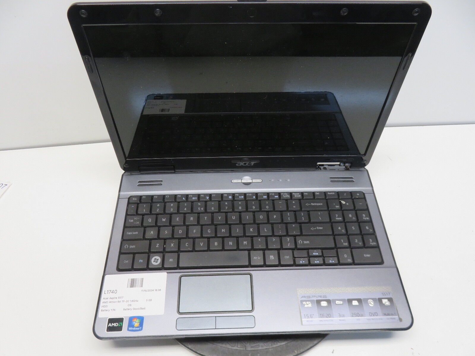 Acer Aspire 5517 AMD Athlon 64 TF-20 1.6GHz 3 GB NO HDD No Batt – FOR PARTS