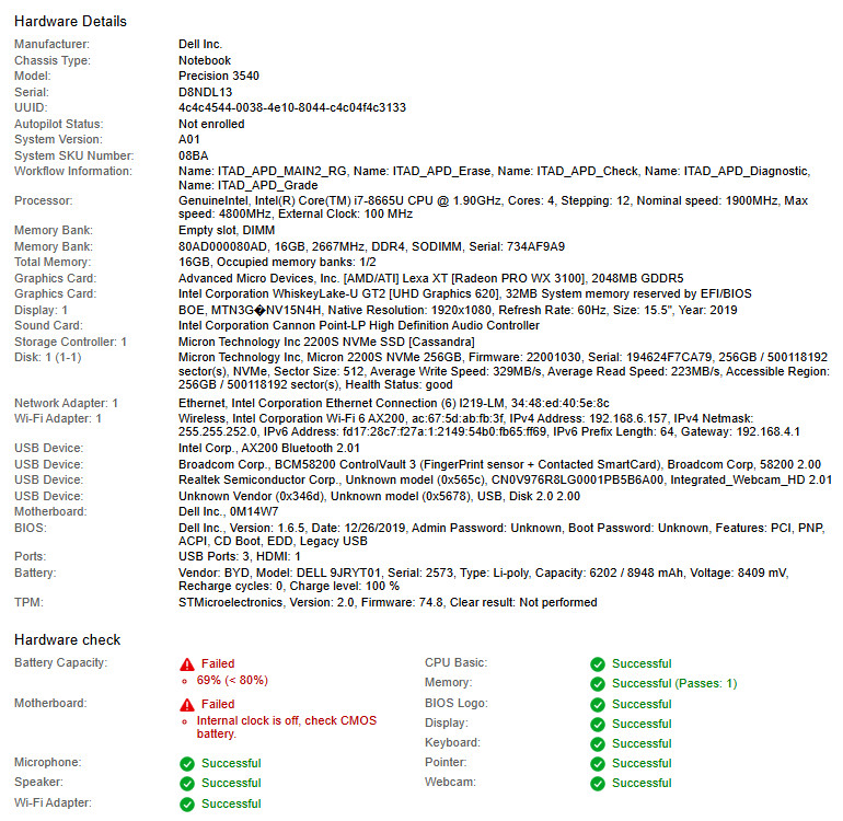 Dell Precision 3540, i7-8665U CPU, @ 1.90GHz, 16GB RAM, 256GB NVMe-No OS/AC