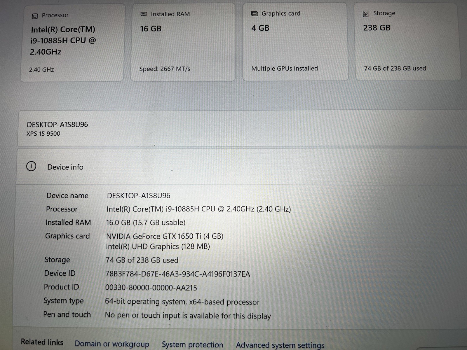 Dell XPS P91F001 15.6″ i9-10885H 2.4GHz 16GB RAM 256GB SSD GeForce GTX 1650 Ti