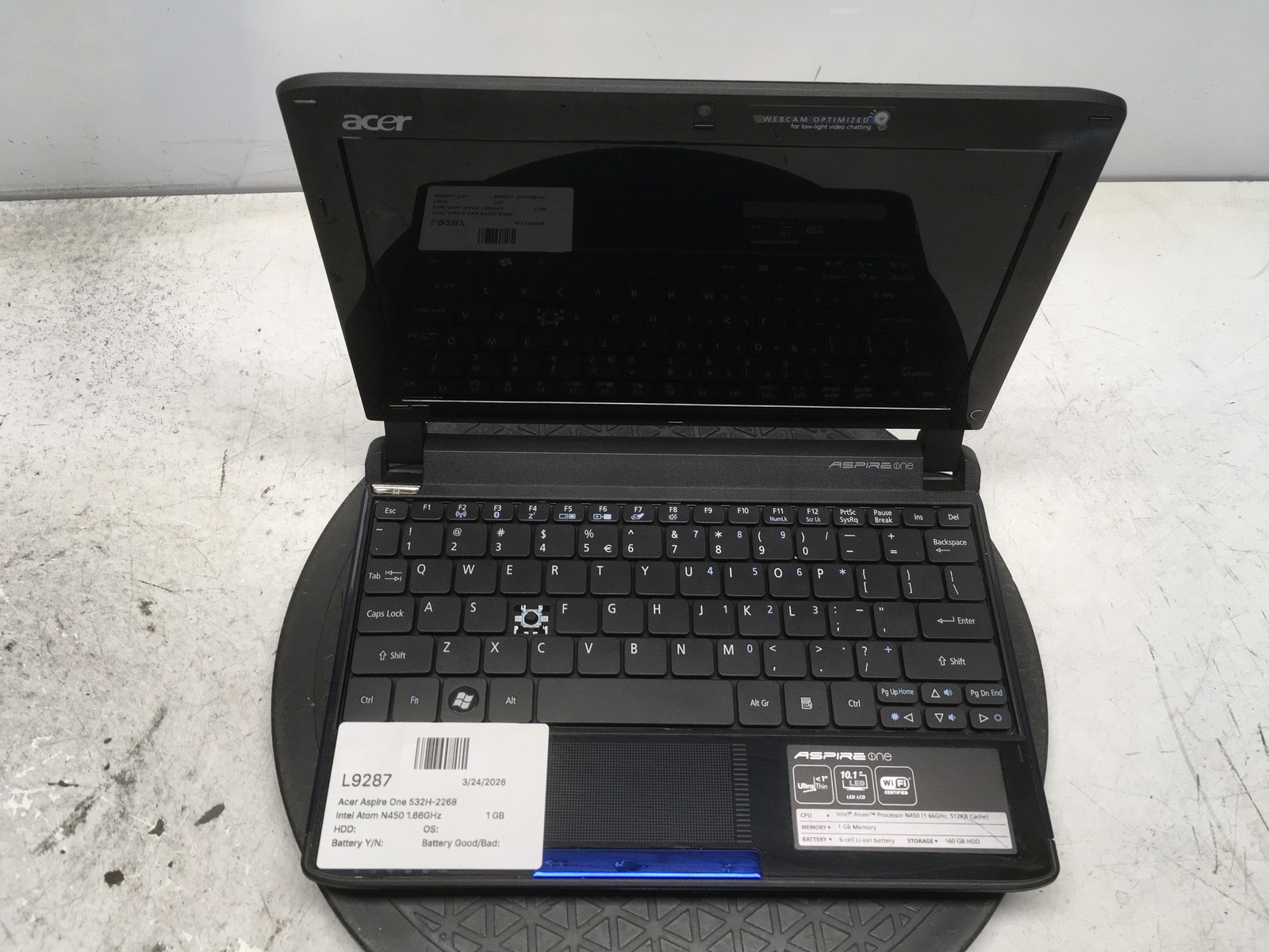 Acer Aspire One 532H-2268 Intel Atom N450 1.66GHz 1 GB NO HDD No Batt