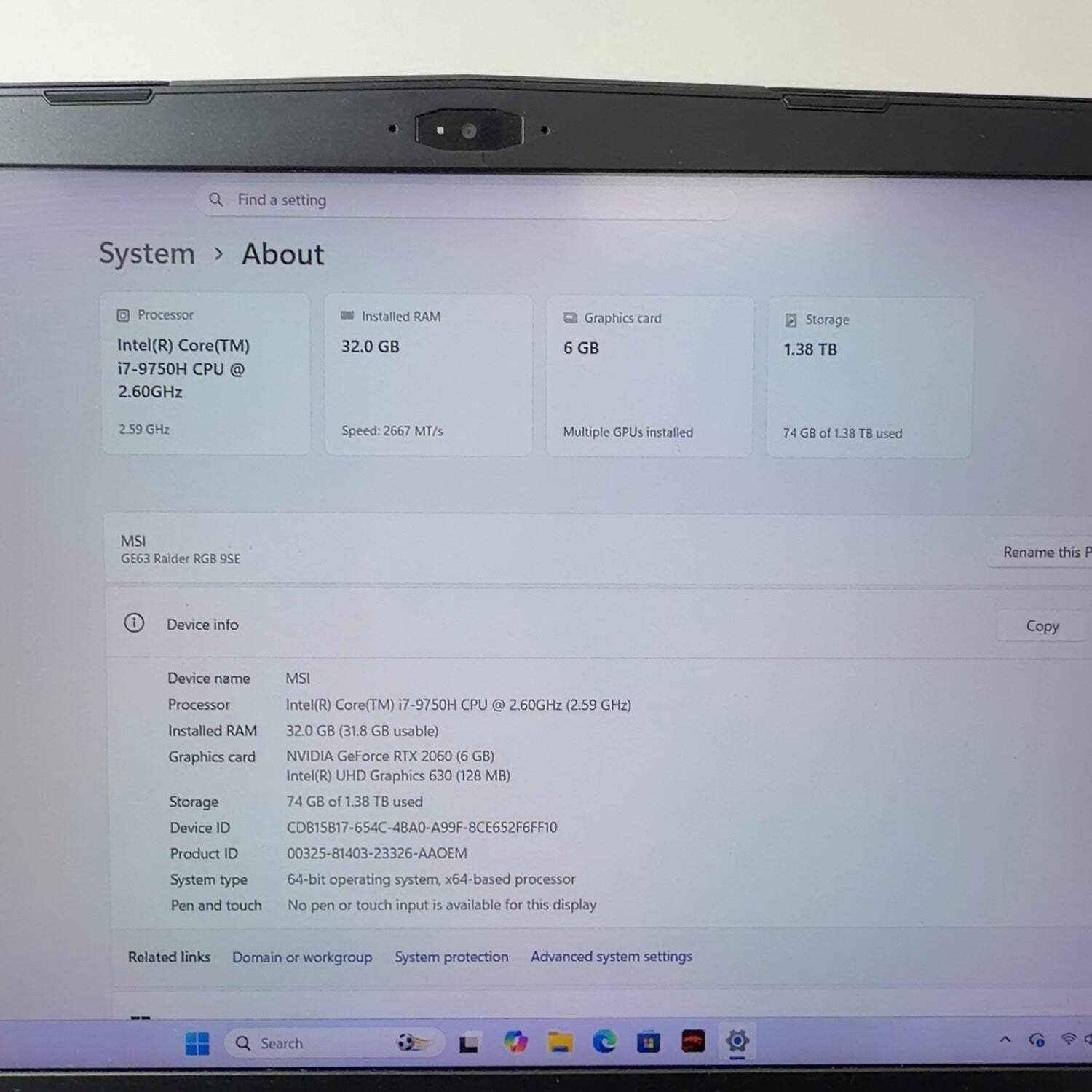 MSI Raider GE63 9SE 15.6″ i7-9750H 2.6GHz 32GB RAM 1TB SSD GeForce RTX 2060