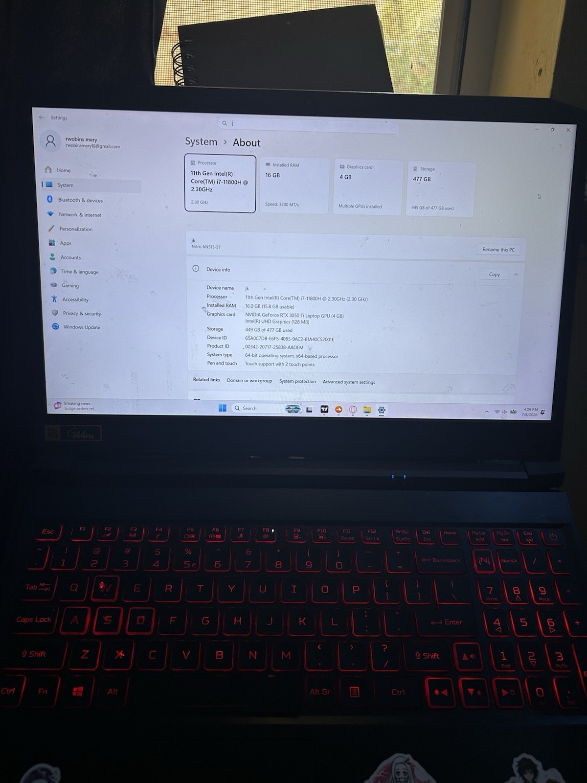 Acer Nitro 5 AN515-57 Gaming Laptop Intel I7-11800H RTX 3050 16GB RAM 512GB SSD