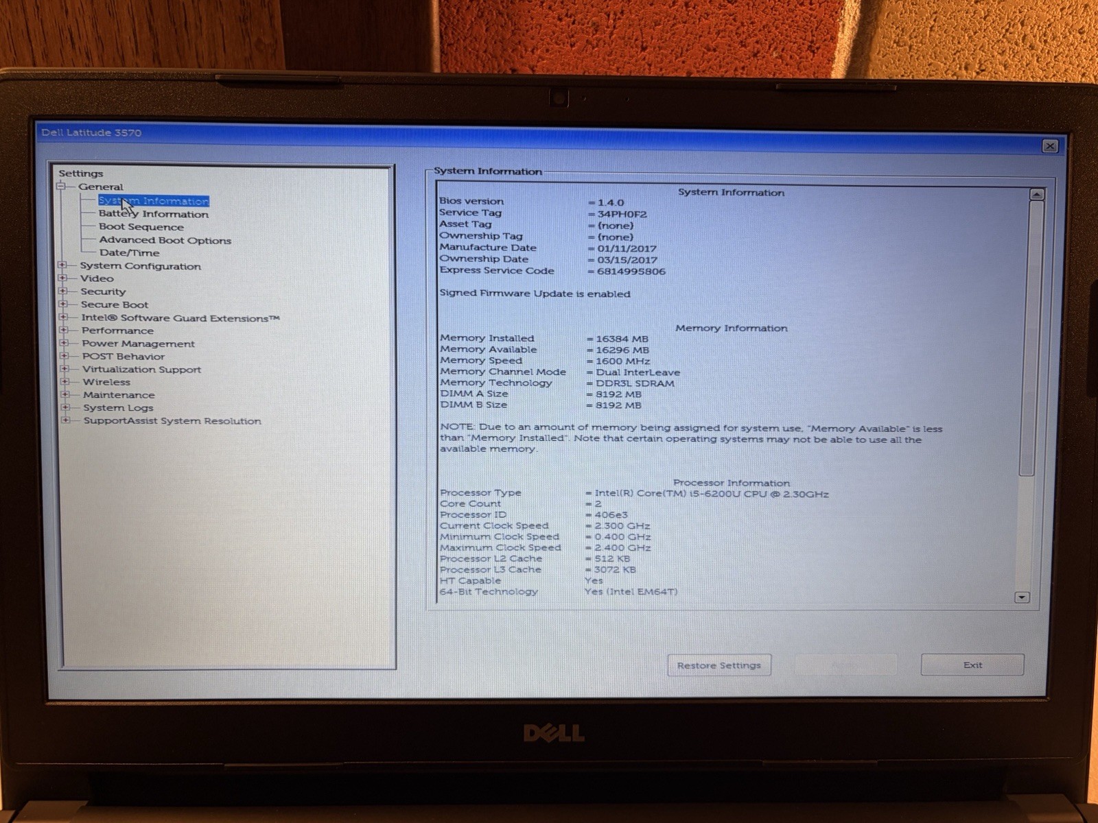 DELL LATITUDE 3570 15.6” HD INTEL i5-6200U 16GB RAM 250GB SSD WINDOWS 11 PRO