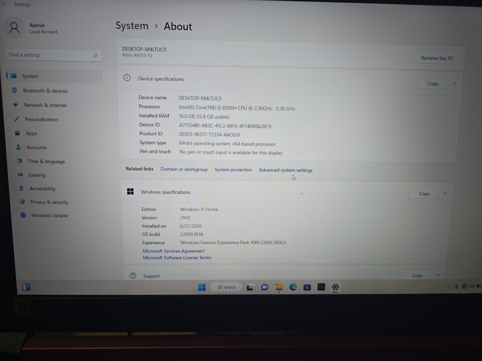 Acer Nitro 5 AN515-53-52FA 15.6″ Intel i5-8300H 16GB RAM 1TB HDD Win 11 Home