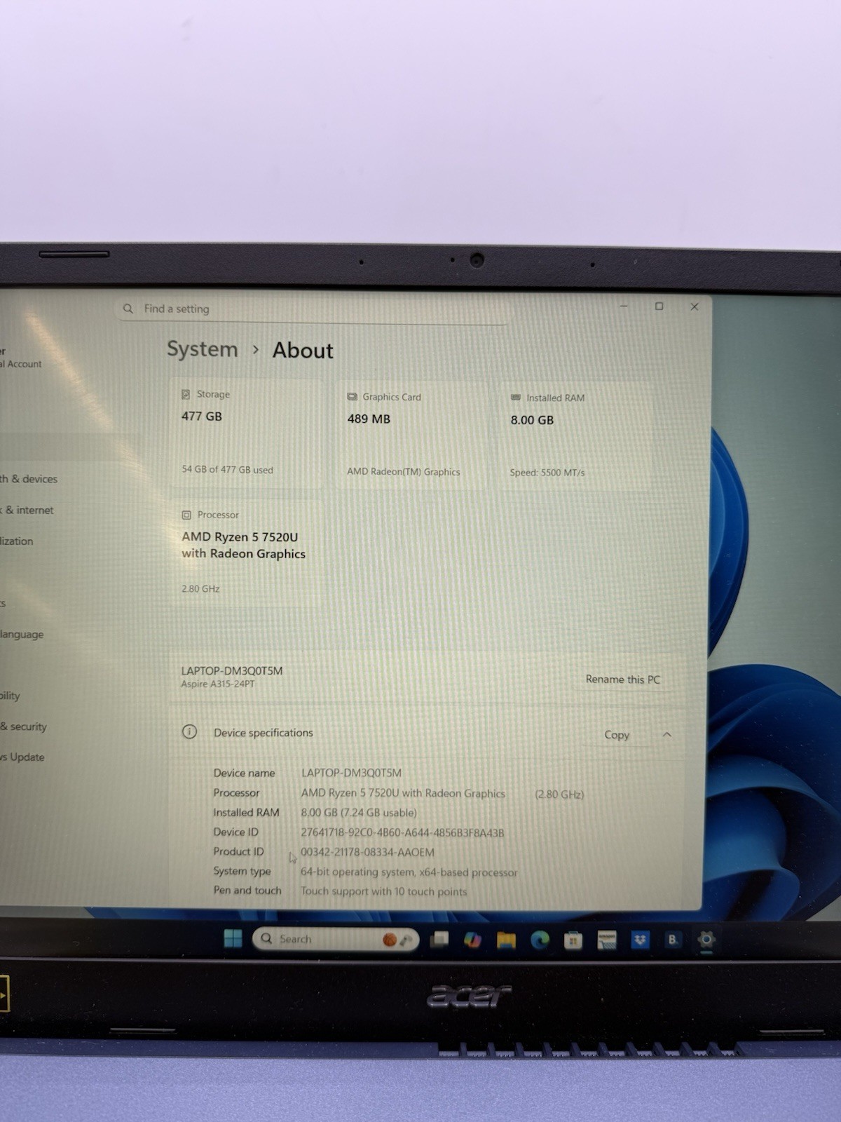 Acer ASPIRE 3 15 N23C3 15.6″ Ryzen 5 7520U 2.8GHz 8GB RAM 512GB SSD