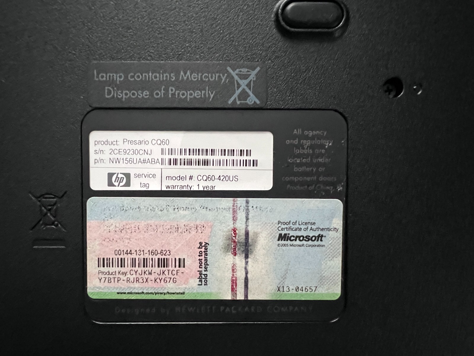 Compaq Presario CQ60-420US Intel Pentium Dual-Core T4200 2GHz 3GB NO HDD