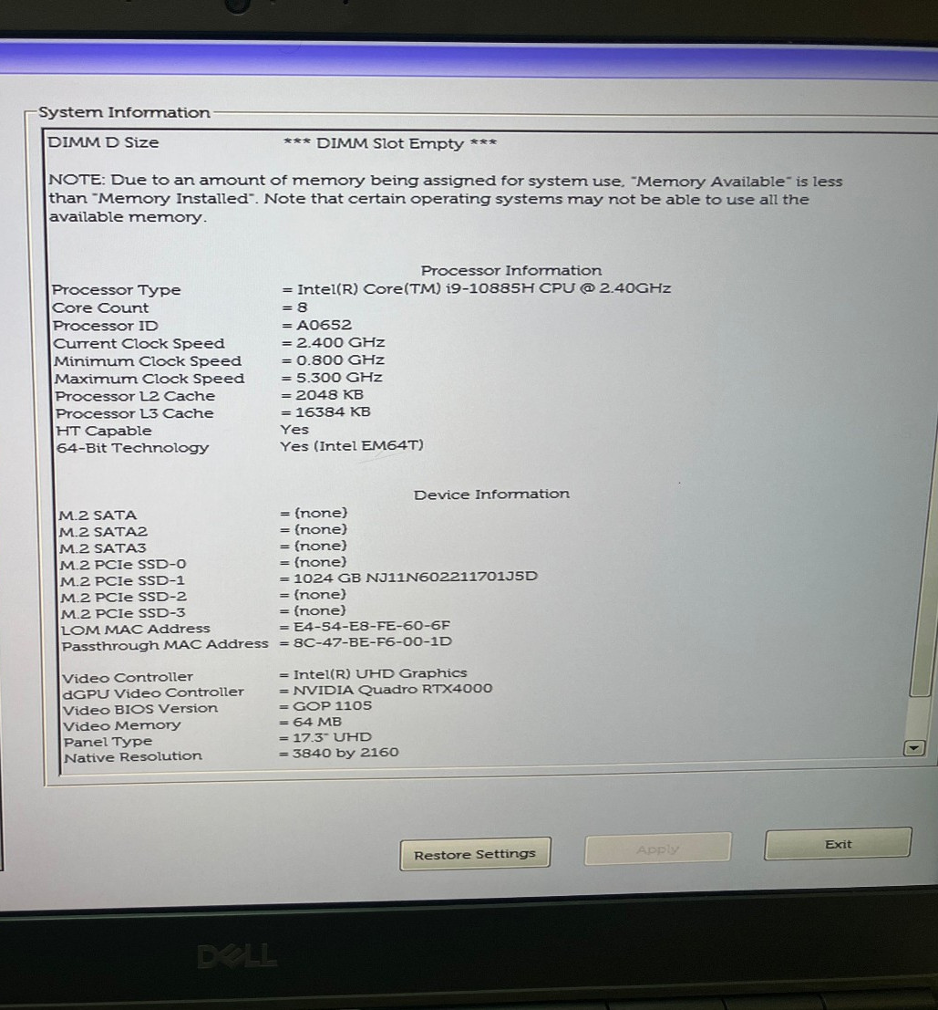 Dell Precision 7750 17″ NVIDIA Q. RTX 4000 2.4GHz Intel Core i9-10885H 64GB 1TB