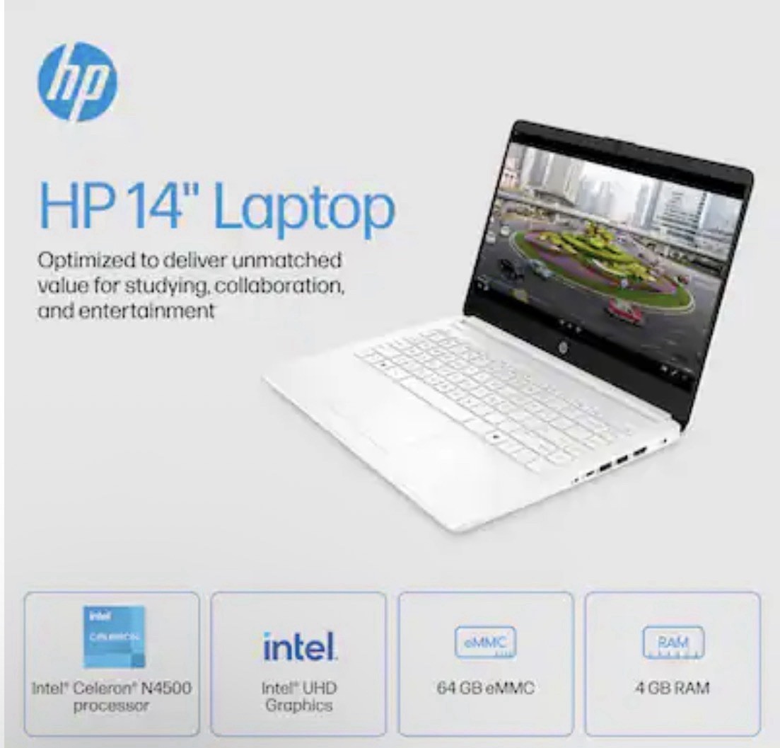 HP – 14″ Laptop – Intel Celeron – 4GB Memory – 64GB eMMC – Snowflake white