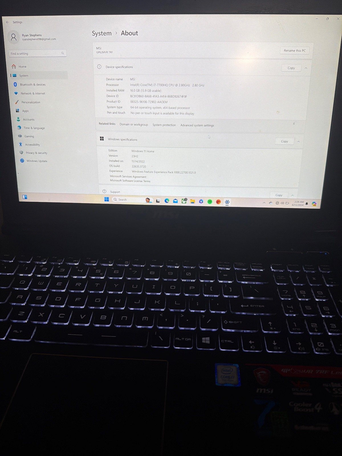 MSI GP62MVR 7RF Leopard Pro, DDR4, 237 GB Storage, 16 GB RAM, Windows 11 Home