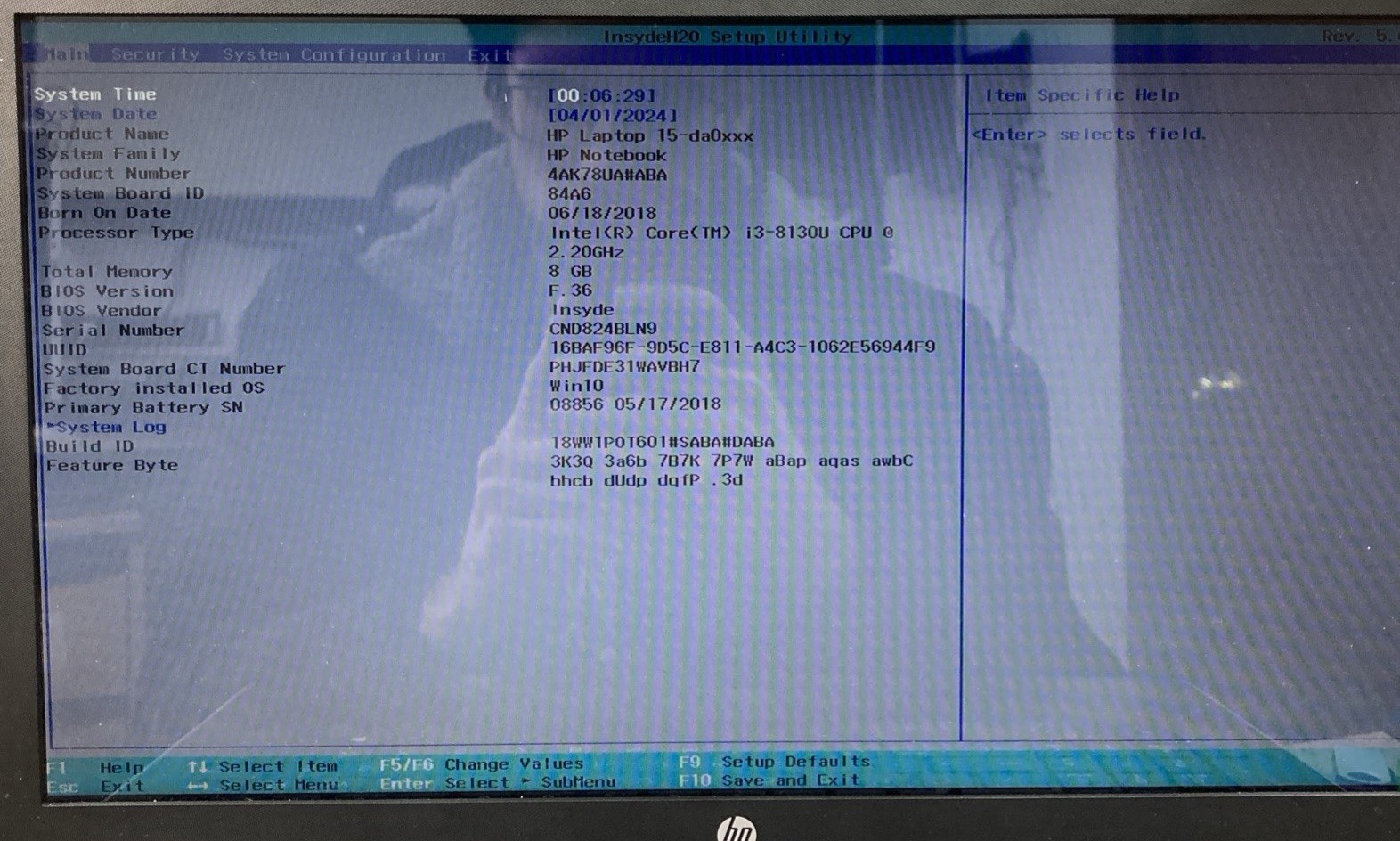 HP 15-DA0033WM | INTEL CORE I3-8130U 2.20GHZ no RAM/HDD NO OS Boot to BIOS