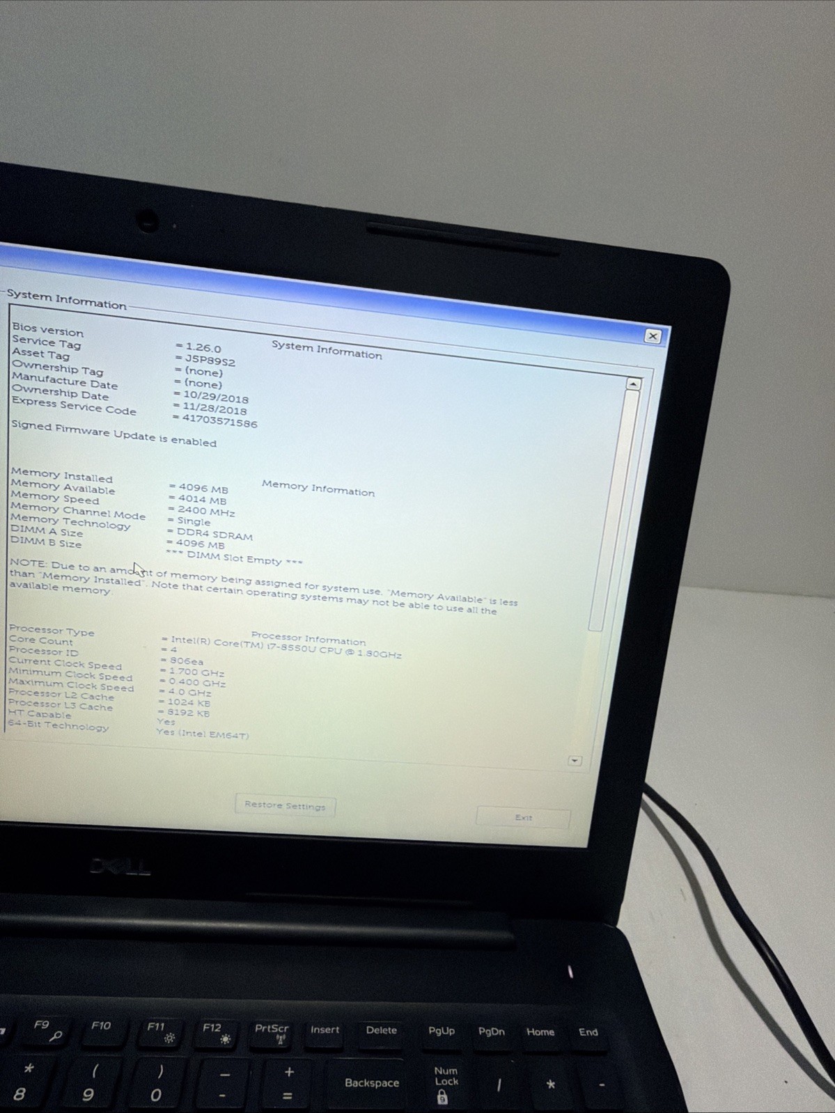 Dell Latitude 3590 15″ Laptop i7-8550U 4gb Ram No Drives Boots Bios