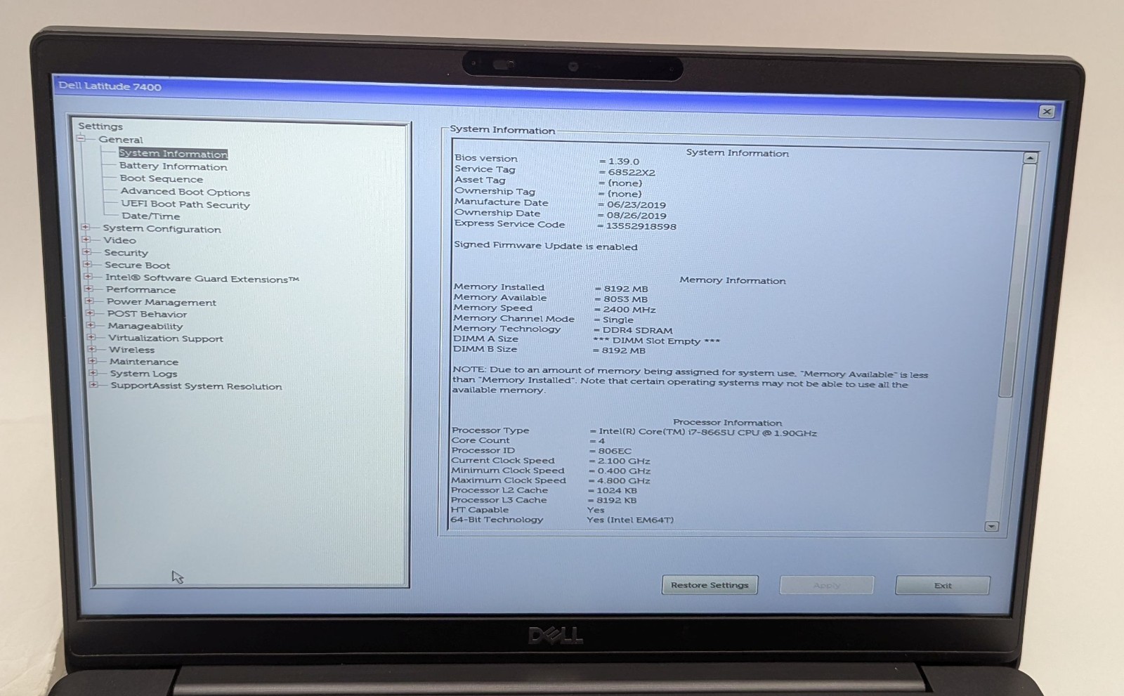 Incomplete Dell Latitude 7400 14″ Laptop Intel i7-8665U 1.90GHz 8GB RAM – *READ*