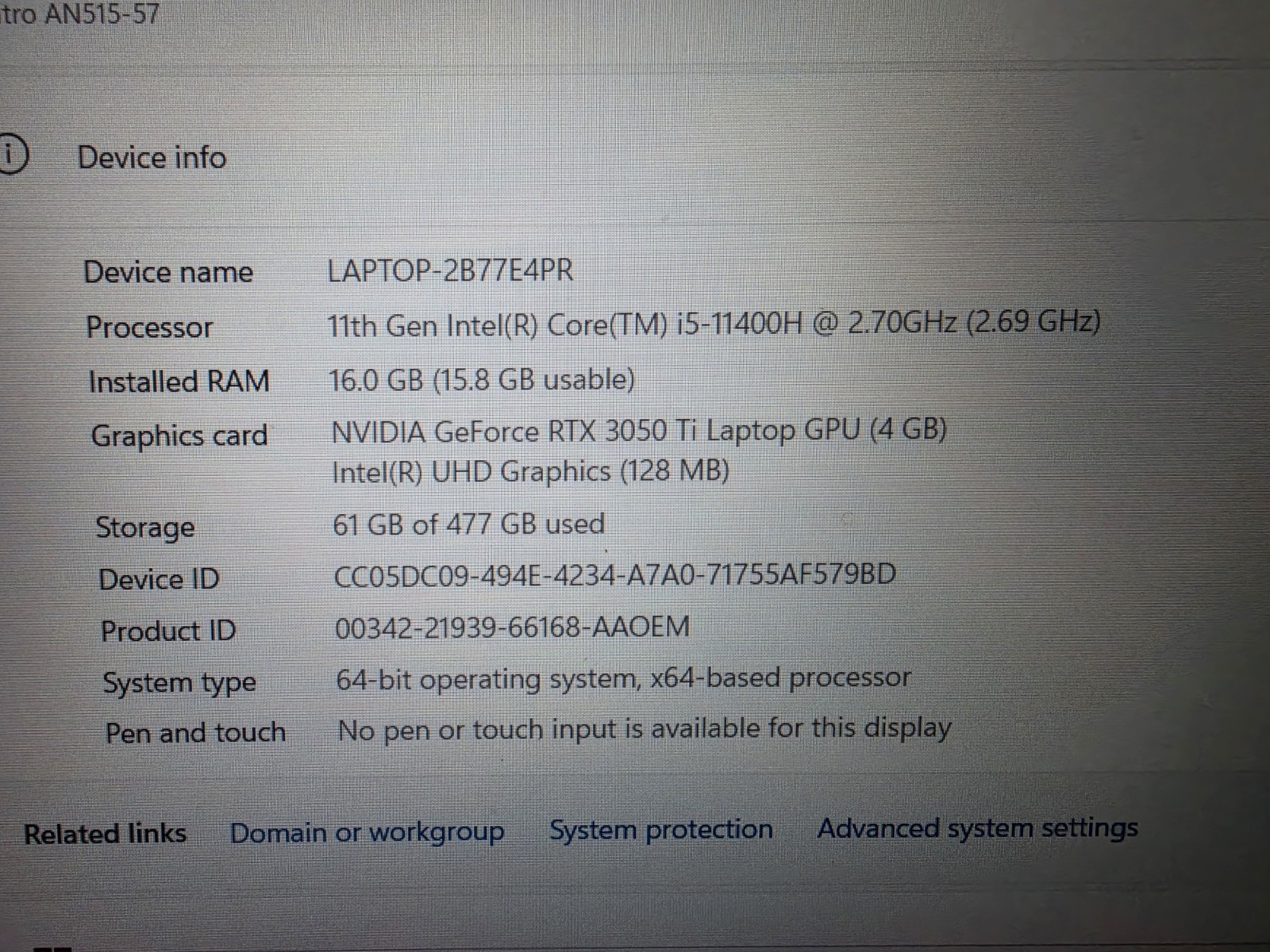 Acer Nitro 5 15.6″ i5-11400H 2.7GHz 16GB RAM 512 SSD GeForce RTX 3050 Ti