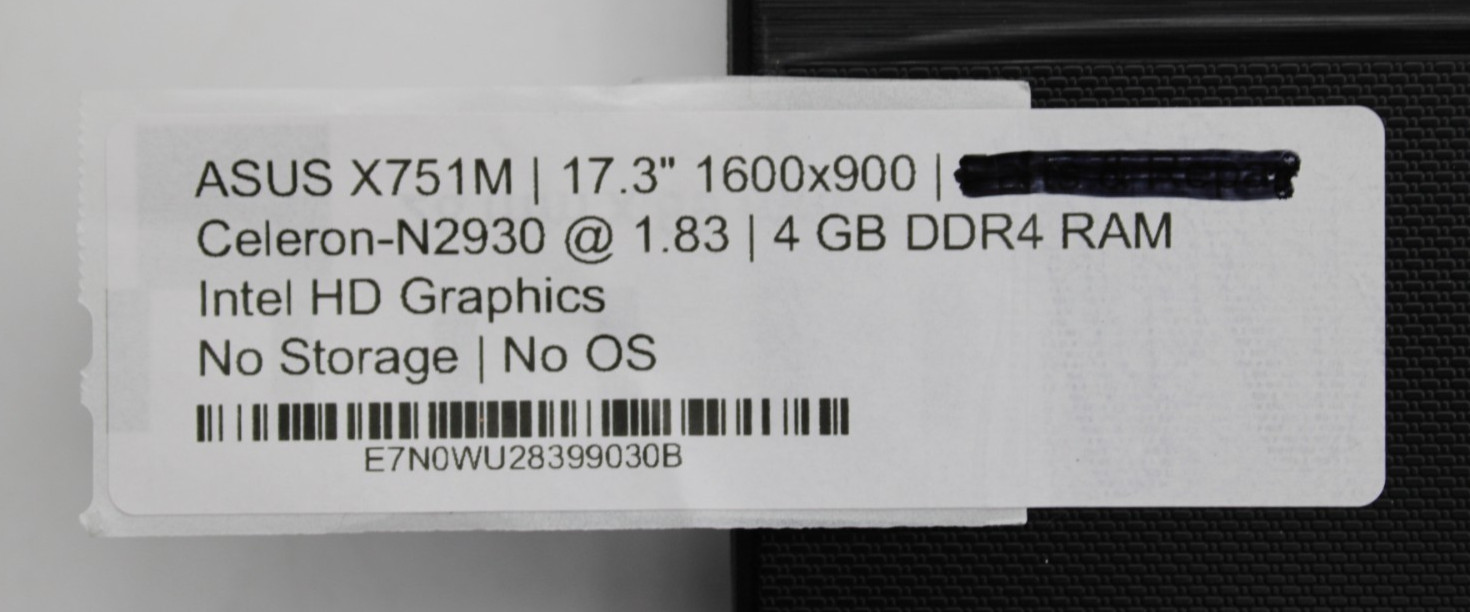ASUS X751M AMD Celeron-N2930@1.83GHz 4GB DDR4 NO STORAGE OR OS *USED/TESTED*