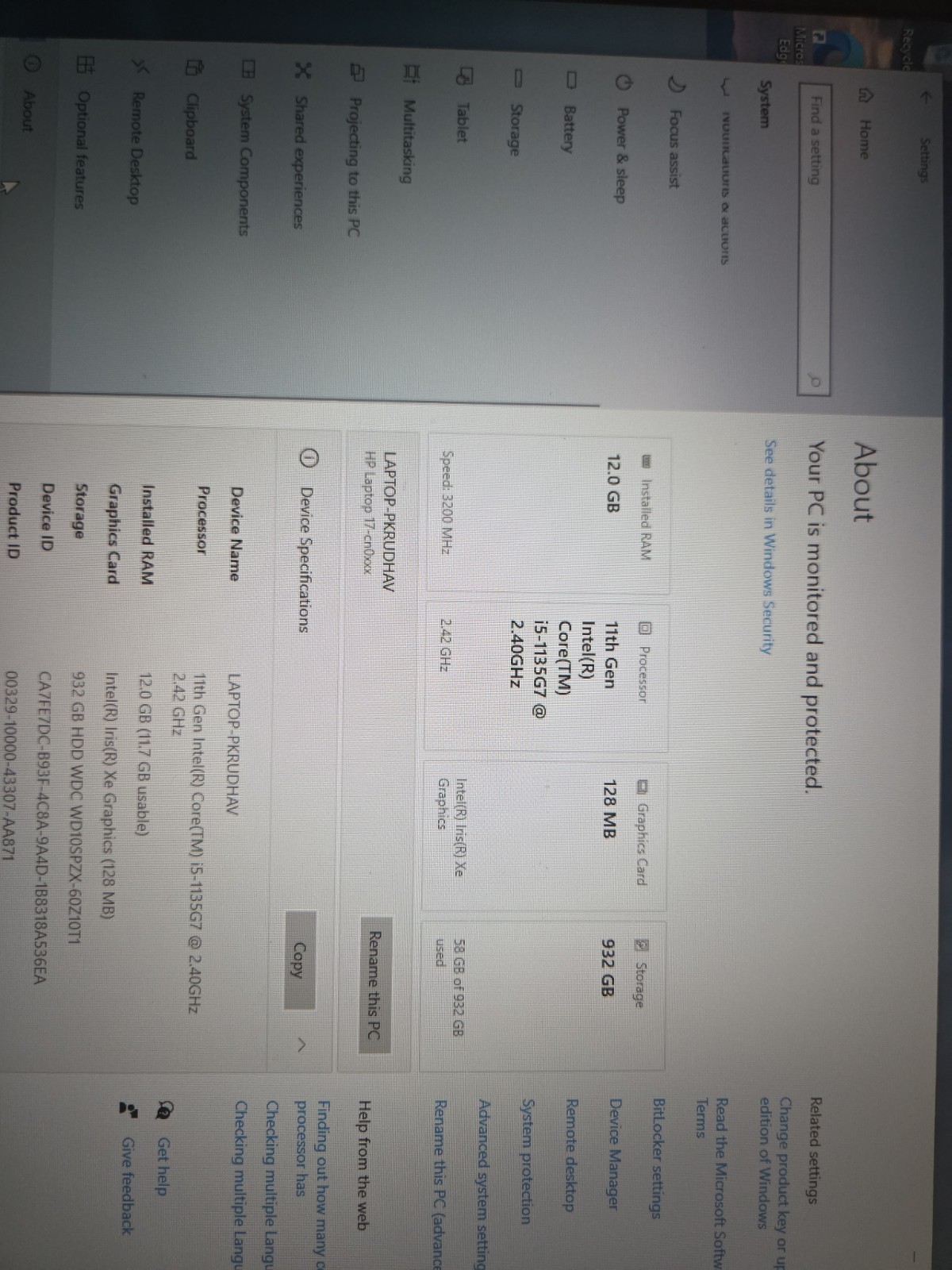 HP Laptop 17-cn0xxx, Intel Core i5-1135G7 @2.40Ghz, 12GB RAM, 930GB