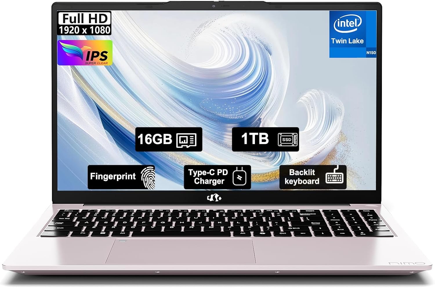 Nimo 15.6″ FHD Laptop 16GB RAM 1TB SSD Intel N150 Fingerprint Backlit Keyboard