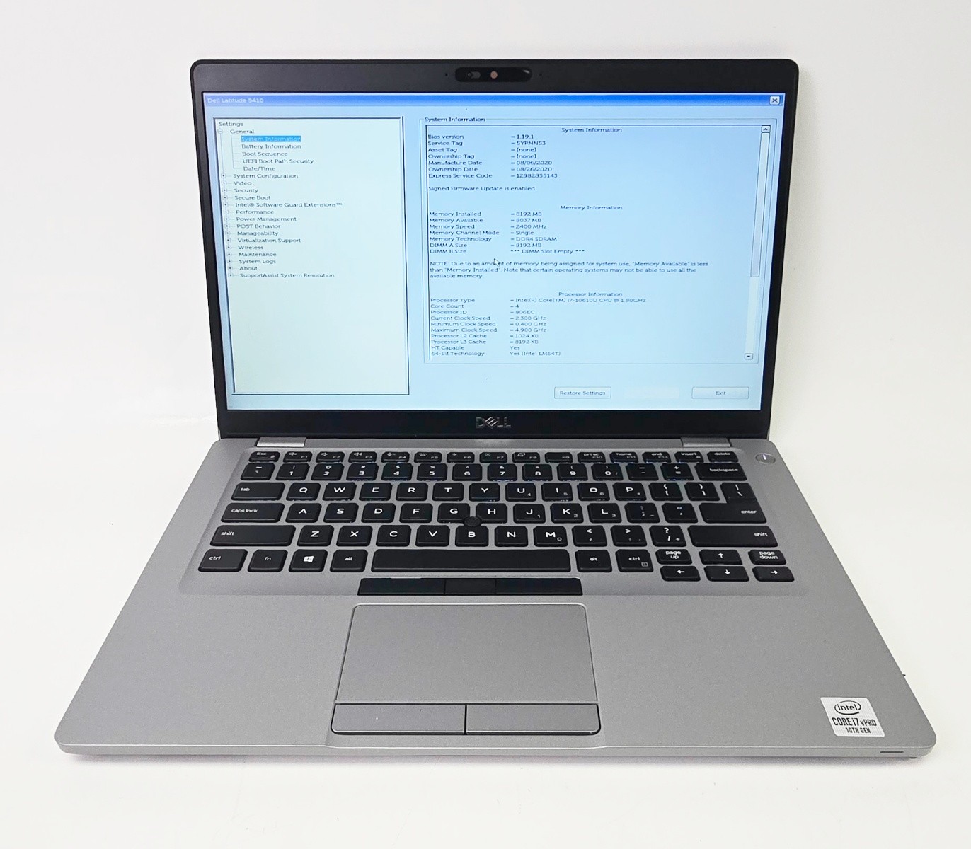 Dell Latitude 5410 14″ Laptop Intel i7-10610U 1.80GHz 8GB RAM No Storage/OS