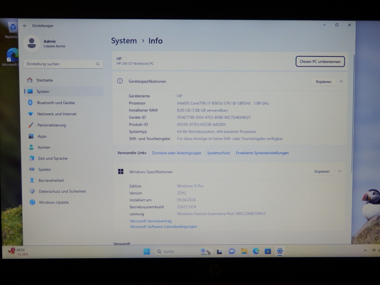 HP 250 G7 – Intel i7-8565U, 8GB Ram, 256GB SSD, UHD 620, 15.6″ inch FHD, Win 11