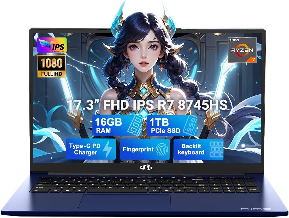 NIMO 17.3″ Light Gaming Laptop, 8 Cores AMD Ryzen 7 8745HS 16GB DDR5 RAM 1TB SSD
