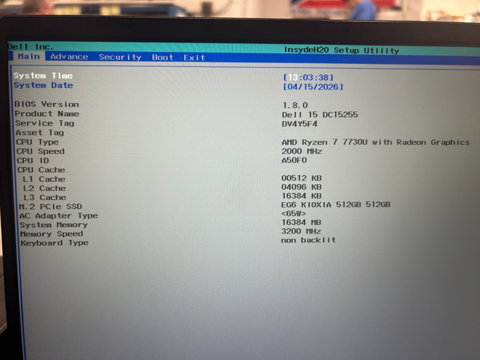 DELL 15 DC15255 G8MK9, AMD Ryzen 7 7730U, 2.00 GHz, 16 GB RAM, 512 GB NVMe SSD