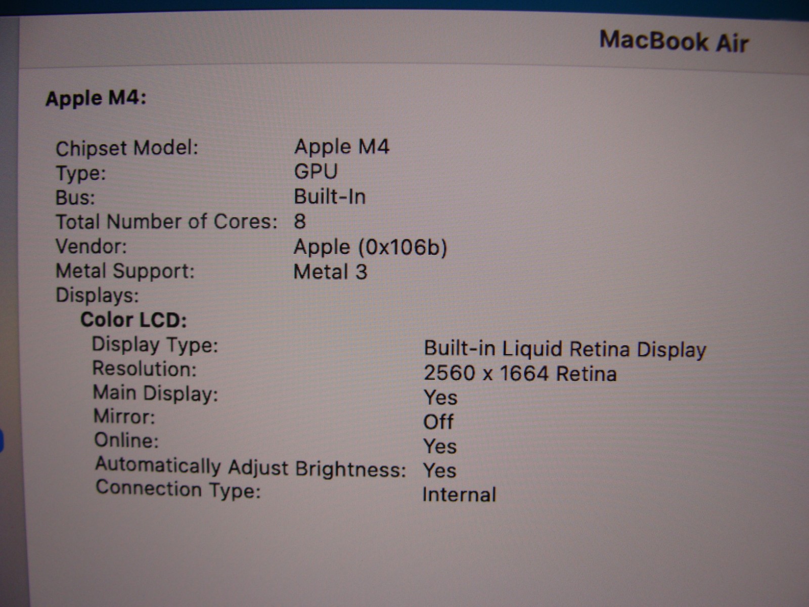 2025 Apple MacBook Air A3240 13.6″ M4 10CPU/8GPU 16GB 256GB Sequoia AppleCare27!
