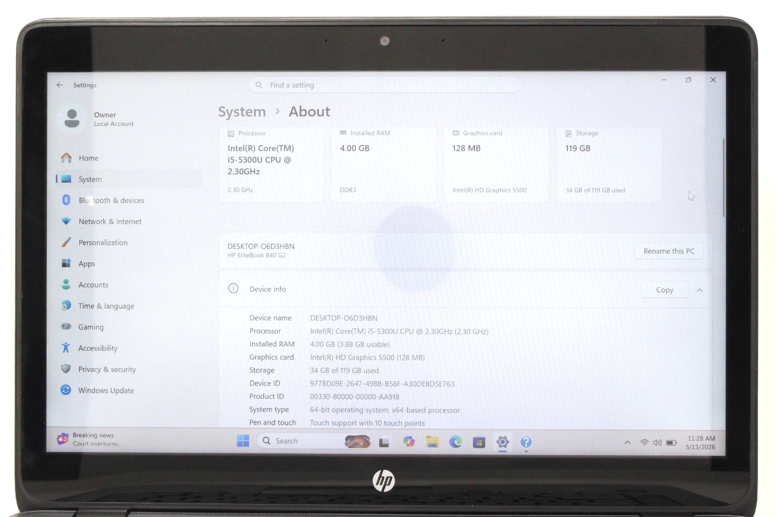 HP Elitebook 840 G1 14″ 2.3GHz i5-5300U 128GB SSD 4GB RAM Win 11 Pro; 6181340