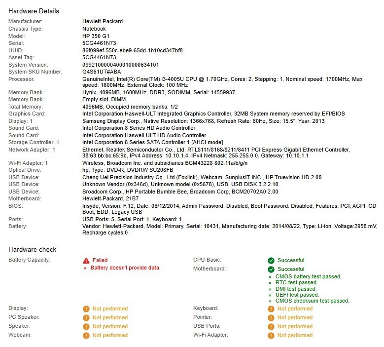 HP 350 G1 Notebook i3-4005u 1.70GHz 4GB RAM-No HDD/AC/OS/CD Drive