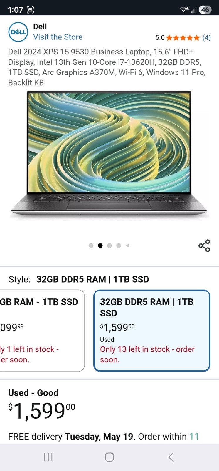 Dell XPS 15 9530 15.6″ FHD+ i7-13620H 32GB 1TB SSD Arc A370M W11P