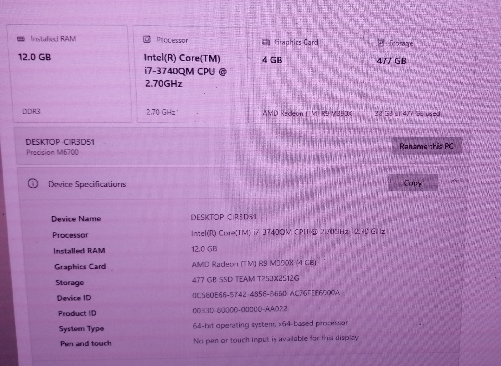 Dell Precision M6700 I7-3740qm 2.7-3.7Ghz 12GB 512GB AMD W7170M PremierColor RGB