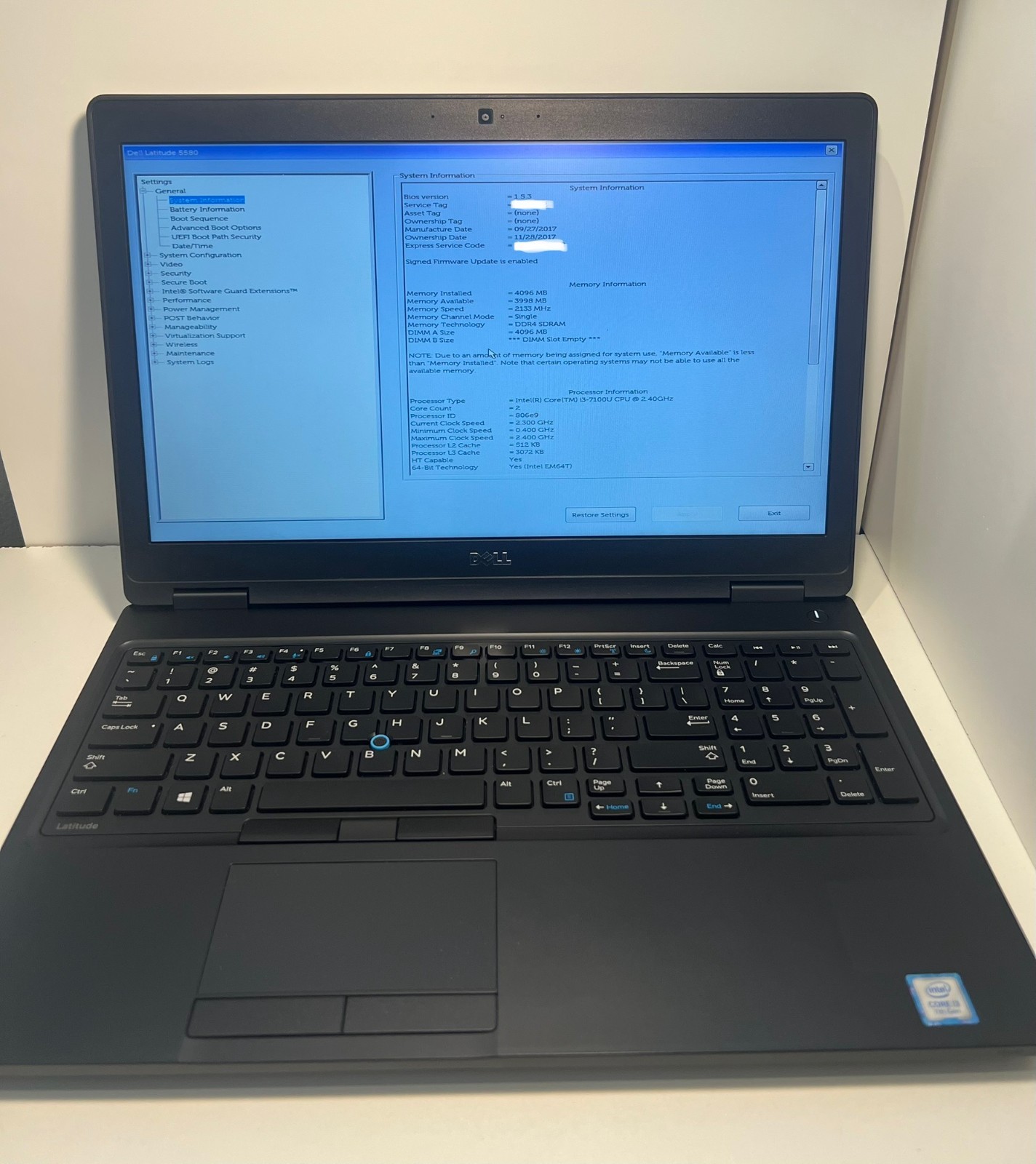 Dell Latitude 5580 Intel i3-7100U 4GB RAM No SSD/OS 15.6″ Display Laptop