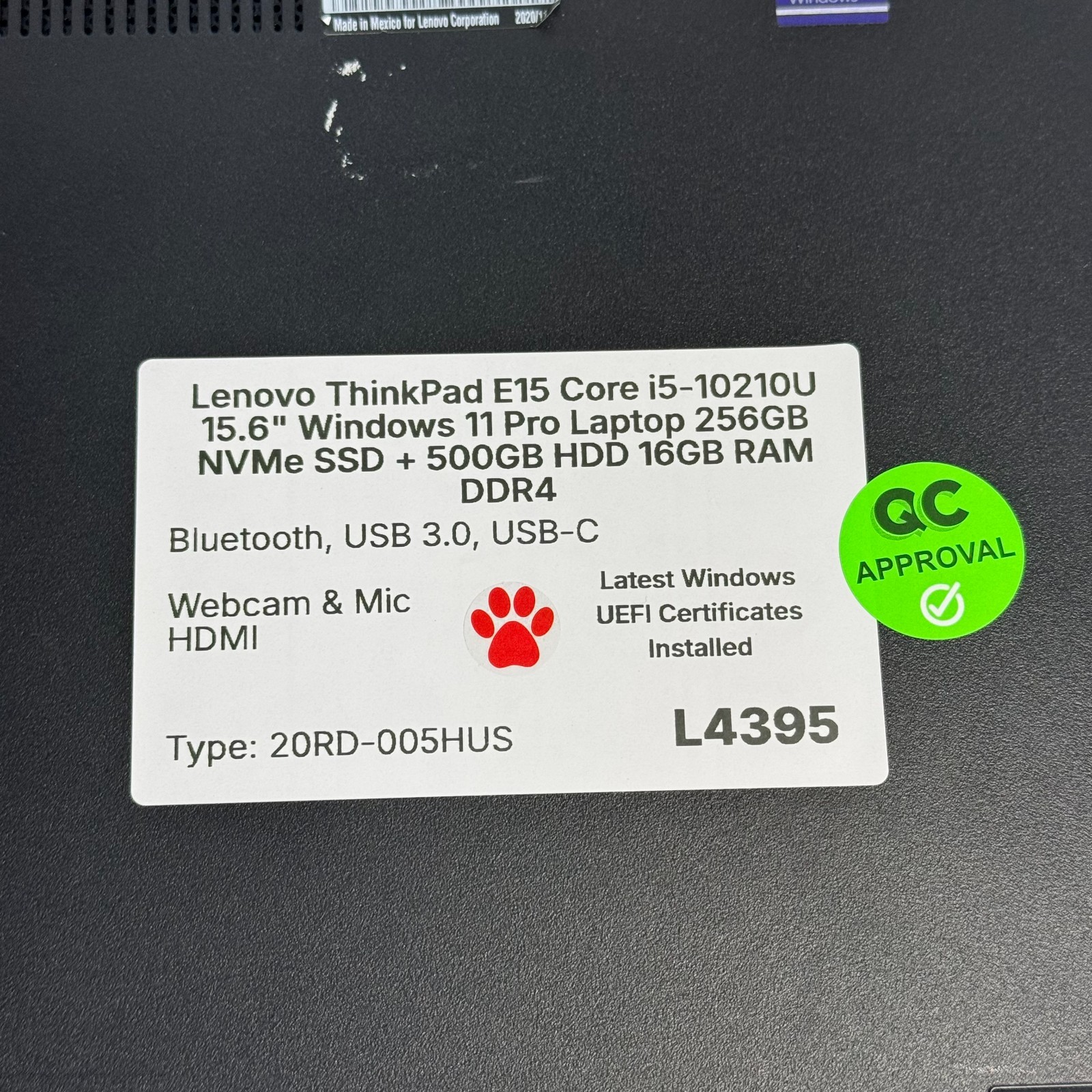 Lenovo ThinkPad E15 i5-10210U 15.6″ Windows 11 Pro Laptop 256GB NVMe SSD 16GB