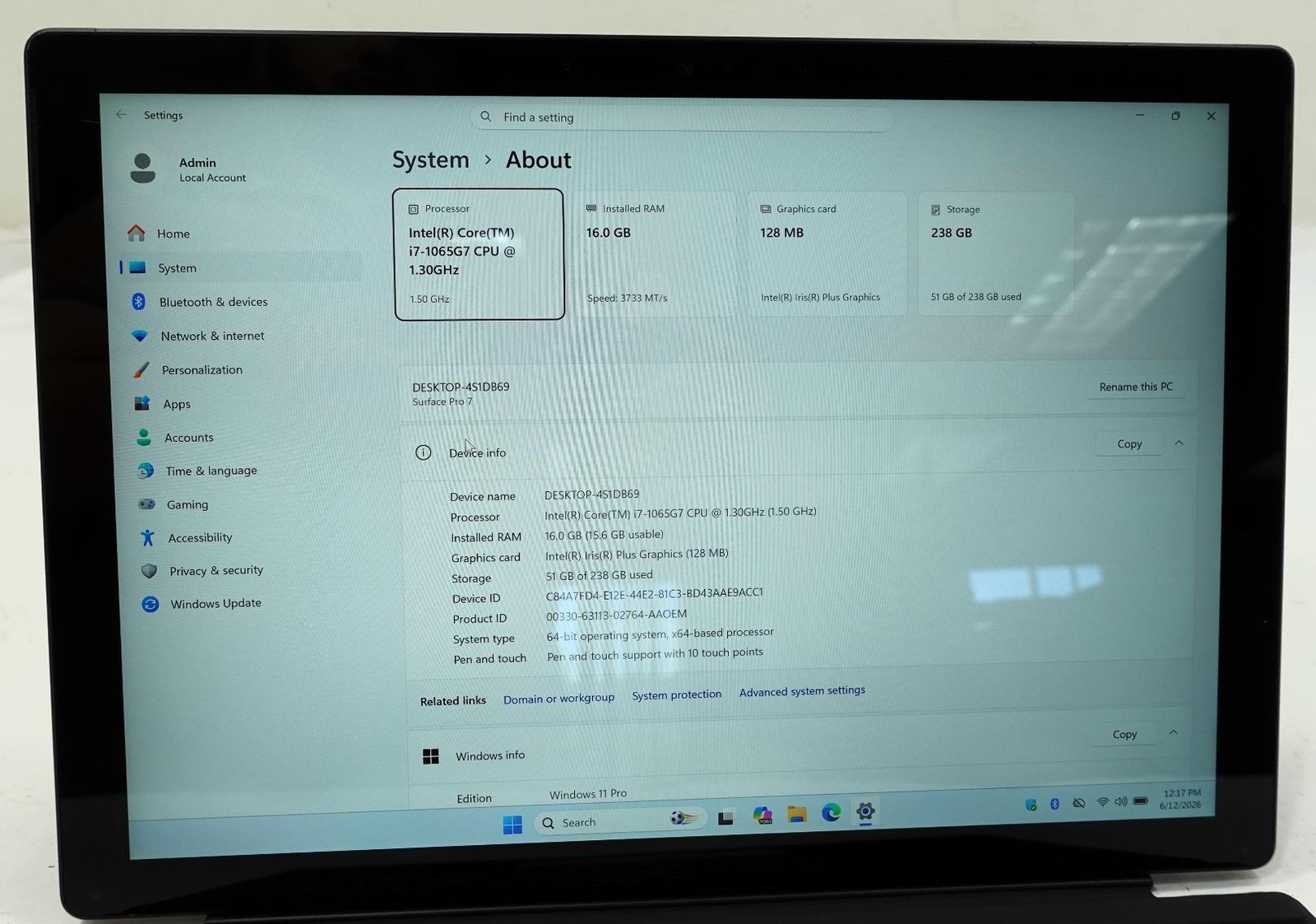 Microsoft Surface Pro7 1866 12.3″ Core i7-1065G7 1.3GHz 16GB 256GB SSD