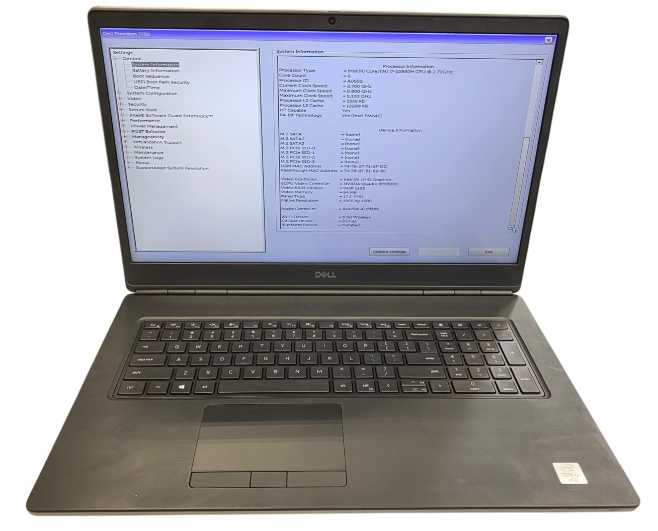 Dell Precision 7750 17″ i7-10850H CPU 2.70Hz 32GB Ram No SSD NO OS