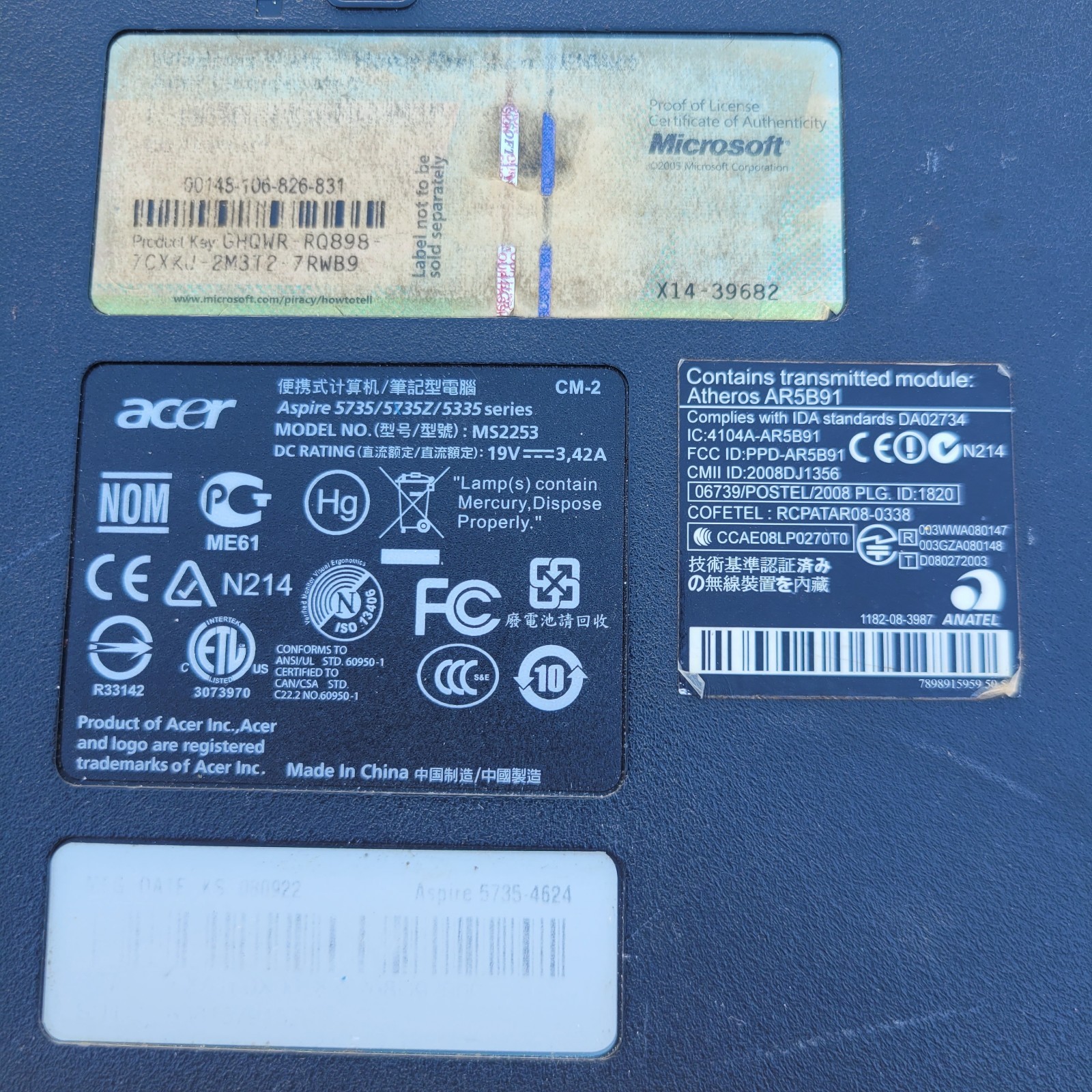 Vintage ACER ASPIRE 5735-4624 Laptop w/Battery & Cord 17″ Good Screen Parts