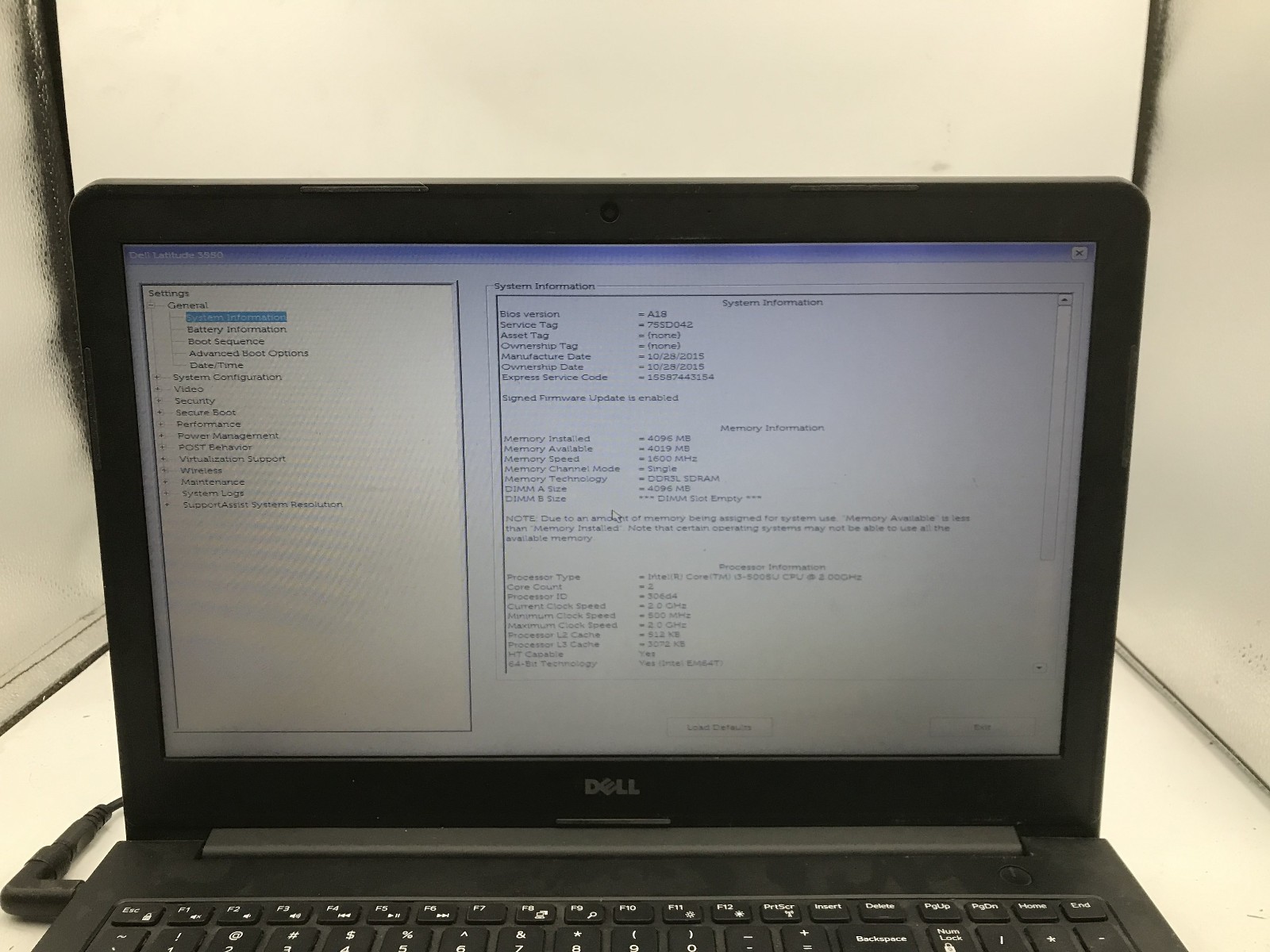 DELL LATITUDE 3550 – BOOTS TO BIOS – INTEL I3 6005U – NO RAM – READ DESCRIP – BB