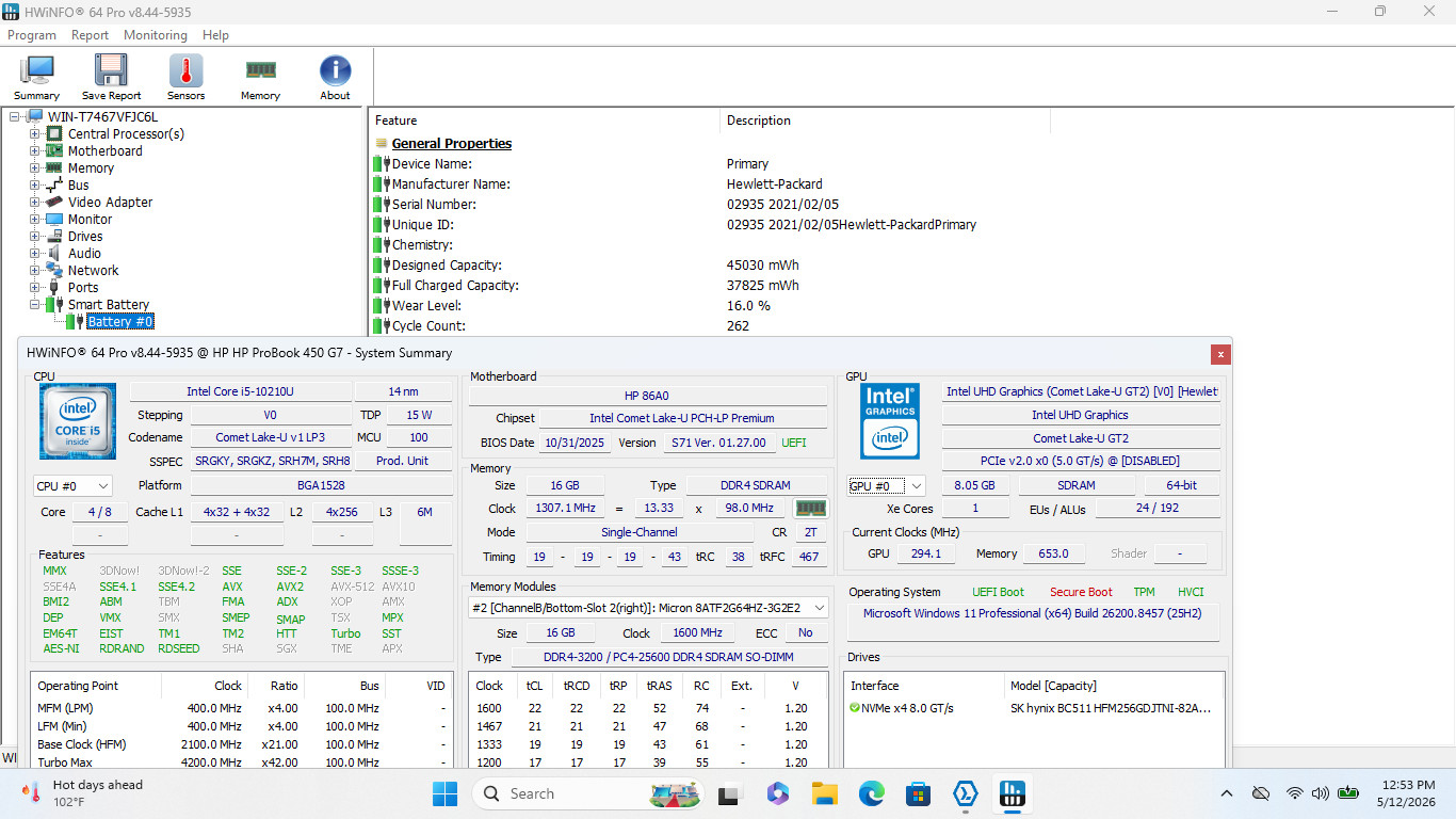 HP ProBook 450 G7 15″ HD I5-10210U 256GB SSD 16GB W11P Warranty Arabic KB
