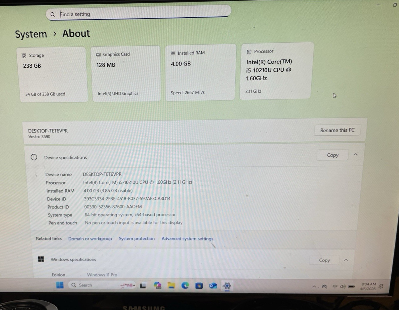 Dell Vostro 3590 Laptop Core i5-10210U – 4GB RAM – 256GB SSD – W11P – BAD LCD