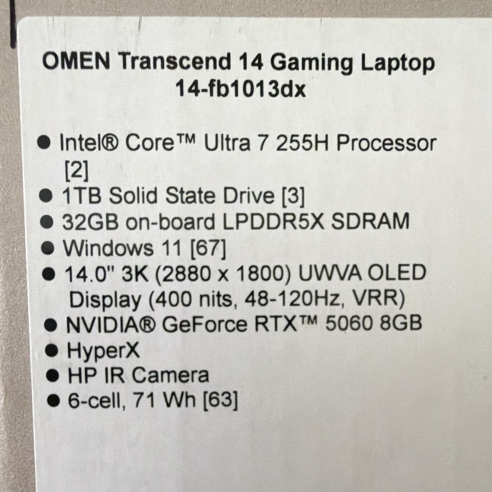 HP OMEN Transcend 14-fb1013dx 14in 3K OLED Ultra 7 32GB 2TB RTX 5060