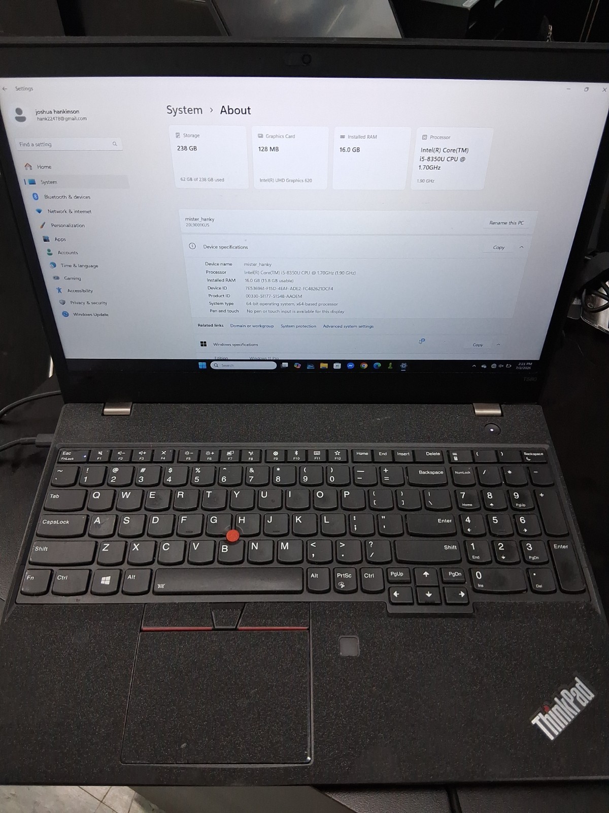 Lenovo ThinkPad T580 15.6” i5 8350u 16GB RAM 240GB SSD