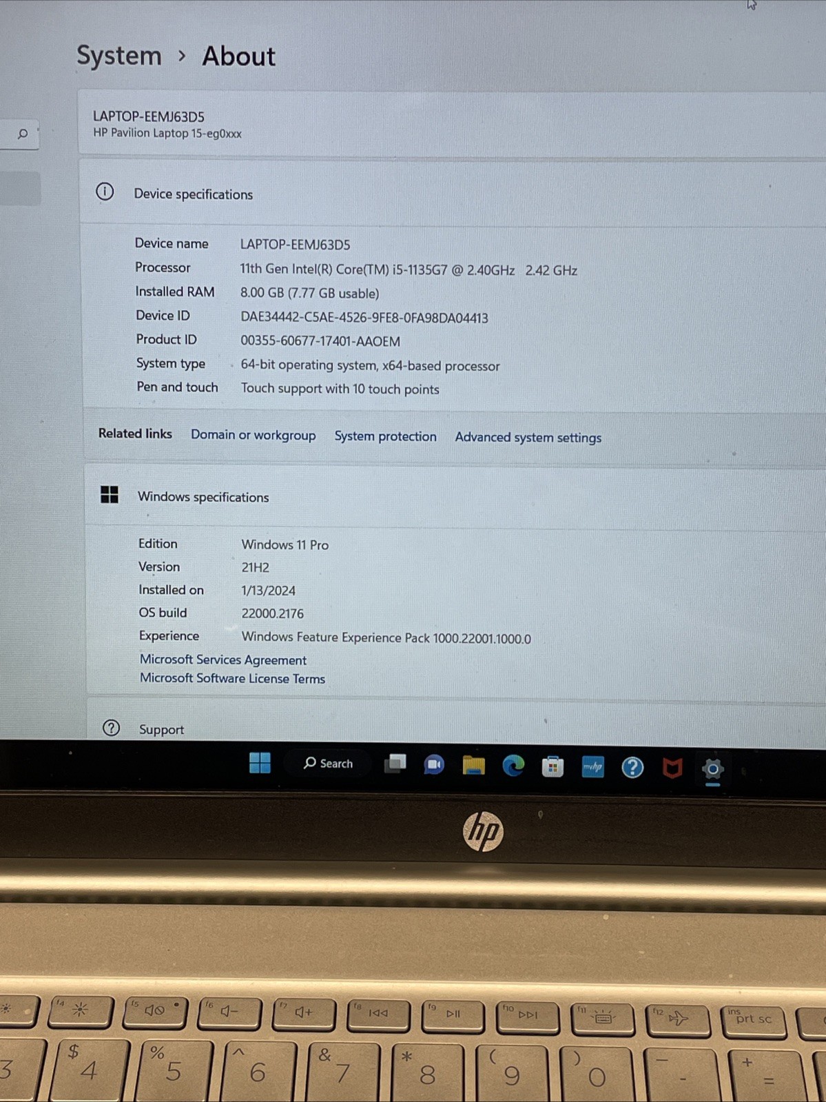 HP Pavilion 15-eg0125od 15.6” Touch i5-1135G7 8GB RAM 256GB SSD Win11 Pro