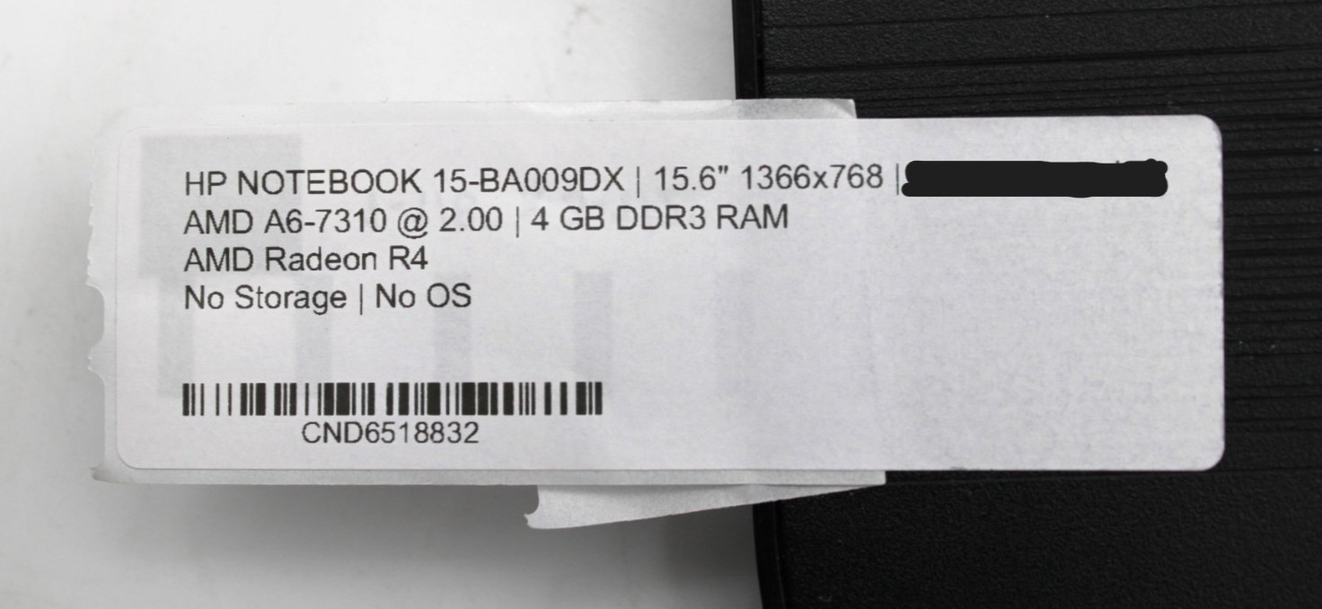 HP NOTEBOOK 15-BA009DX AMD A6-7310@2.0GHz 4GB DDR3 NO STORAGE/OS *USED/TESTED*