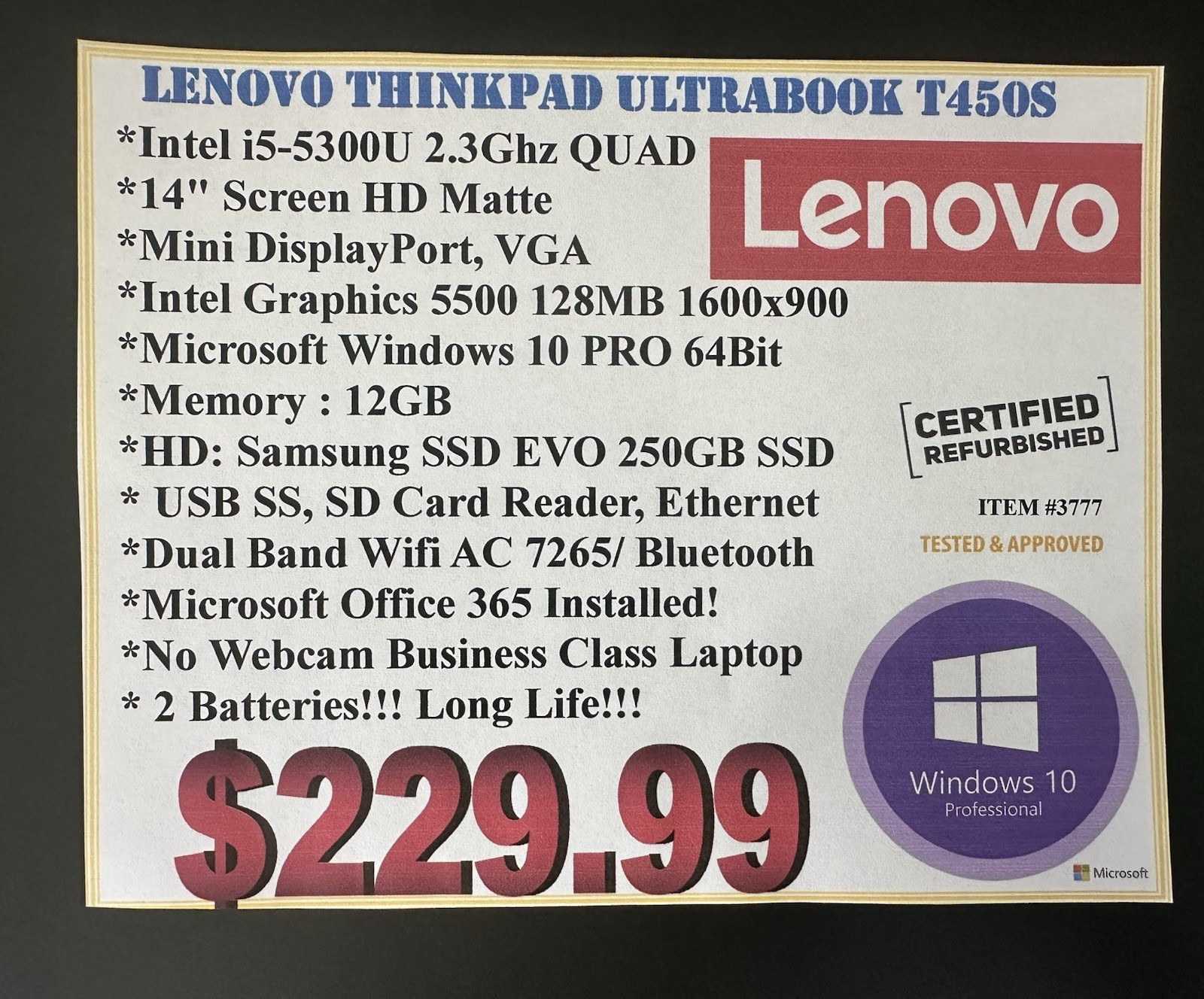 Lenovo T450S 14” I5-5300U@2.30GHz 12GB RAM 250GB SSD Windows 10 Pro, 2 Batteries