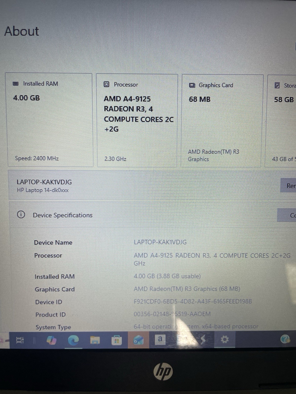 HEWLETT PACKARD HP Laptop 14-dk0053od 4gb Factory Reset R3 Amd A4-9125