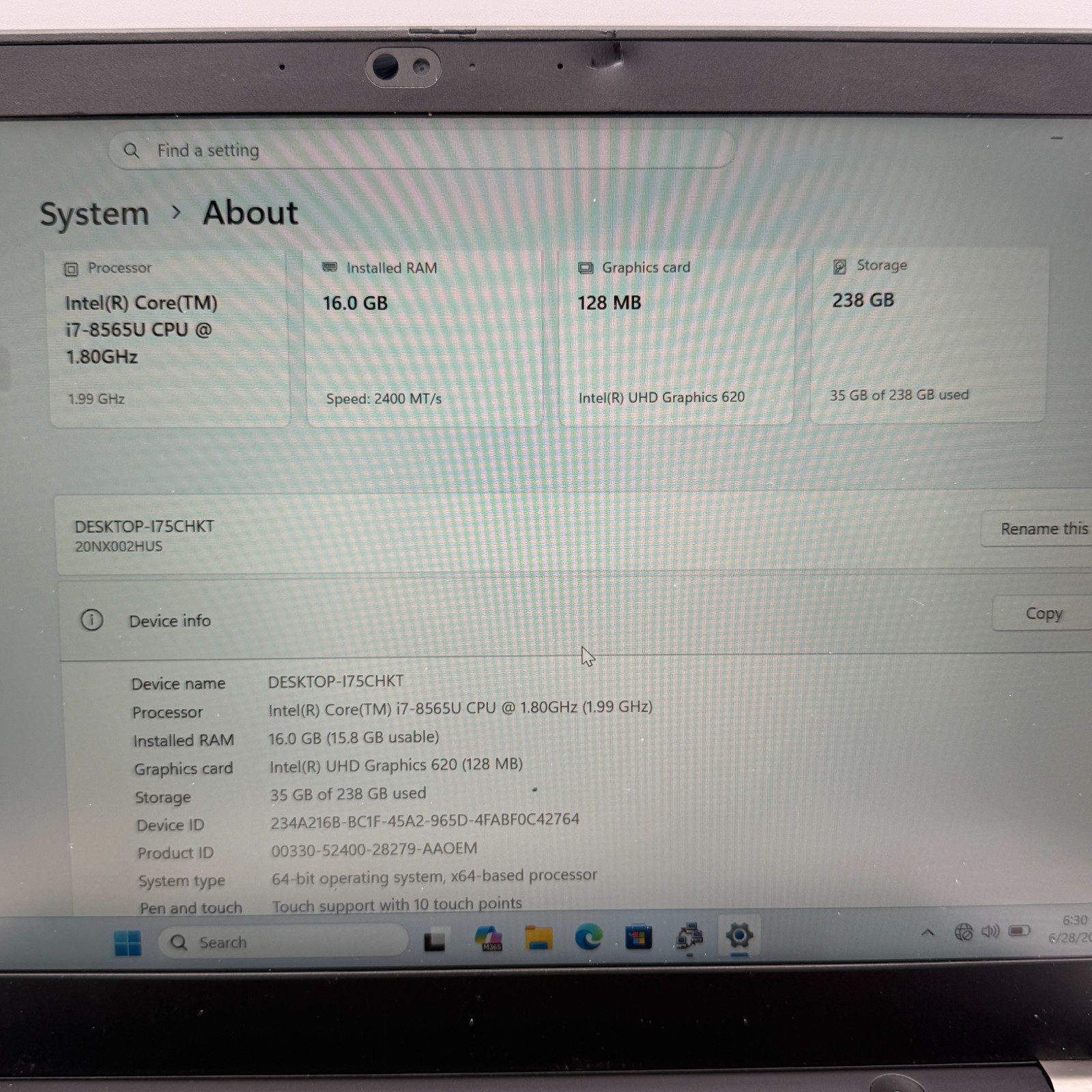 Lenovo ThinkPad T490s i7-8565U Touch 16GB 256GB SSD Win11Pr Fingerprint LTE READ