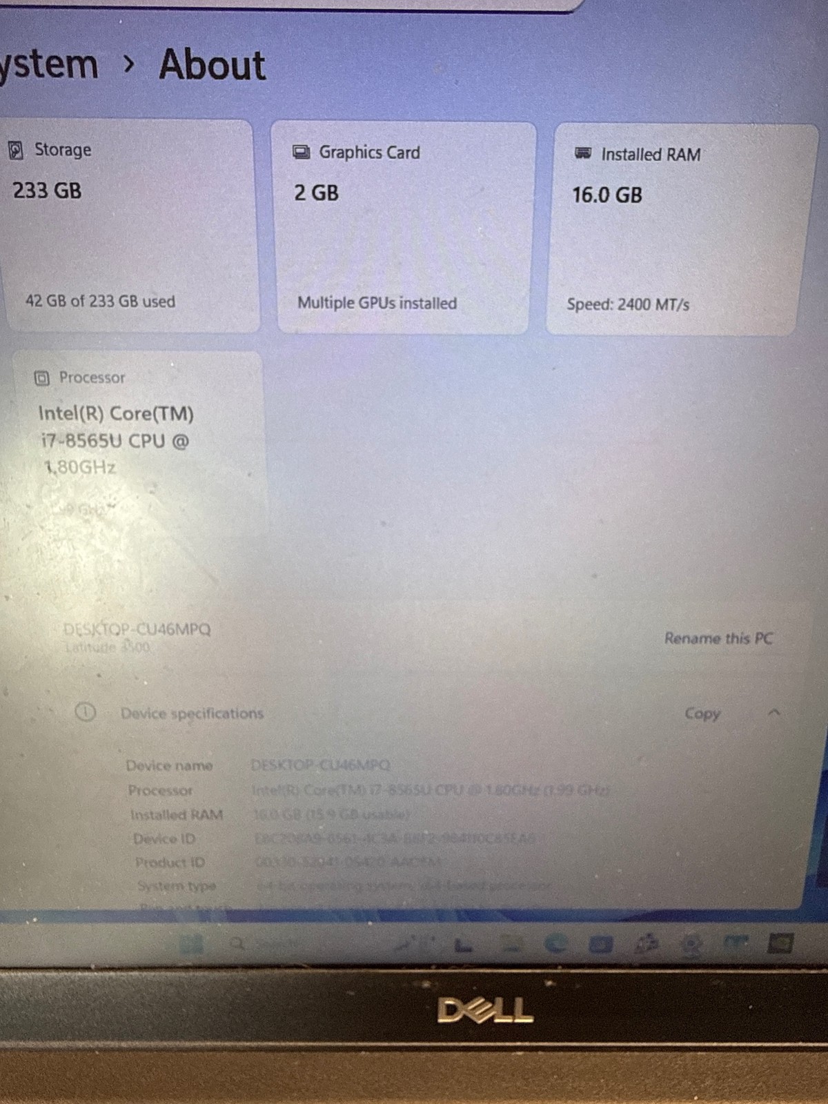 Dell Latitude 3500 Intel i7-8565U 16 GB 256 GB SSD NVIDIA MX130 2GB