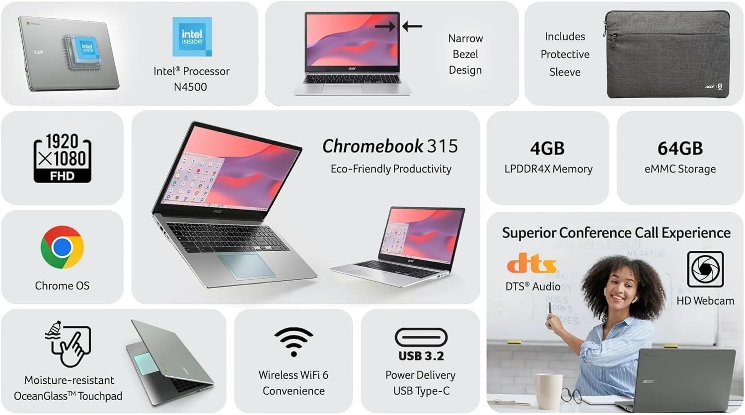 🔥 BRAND NEW🔥Acer Chromebook 15.6″ Quad-Core N6000 4GB 128GB eMMC Chrome Sleeve