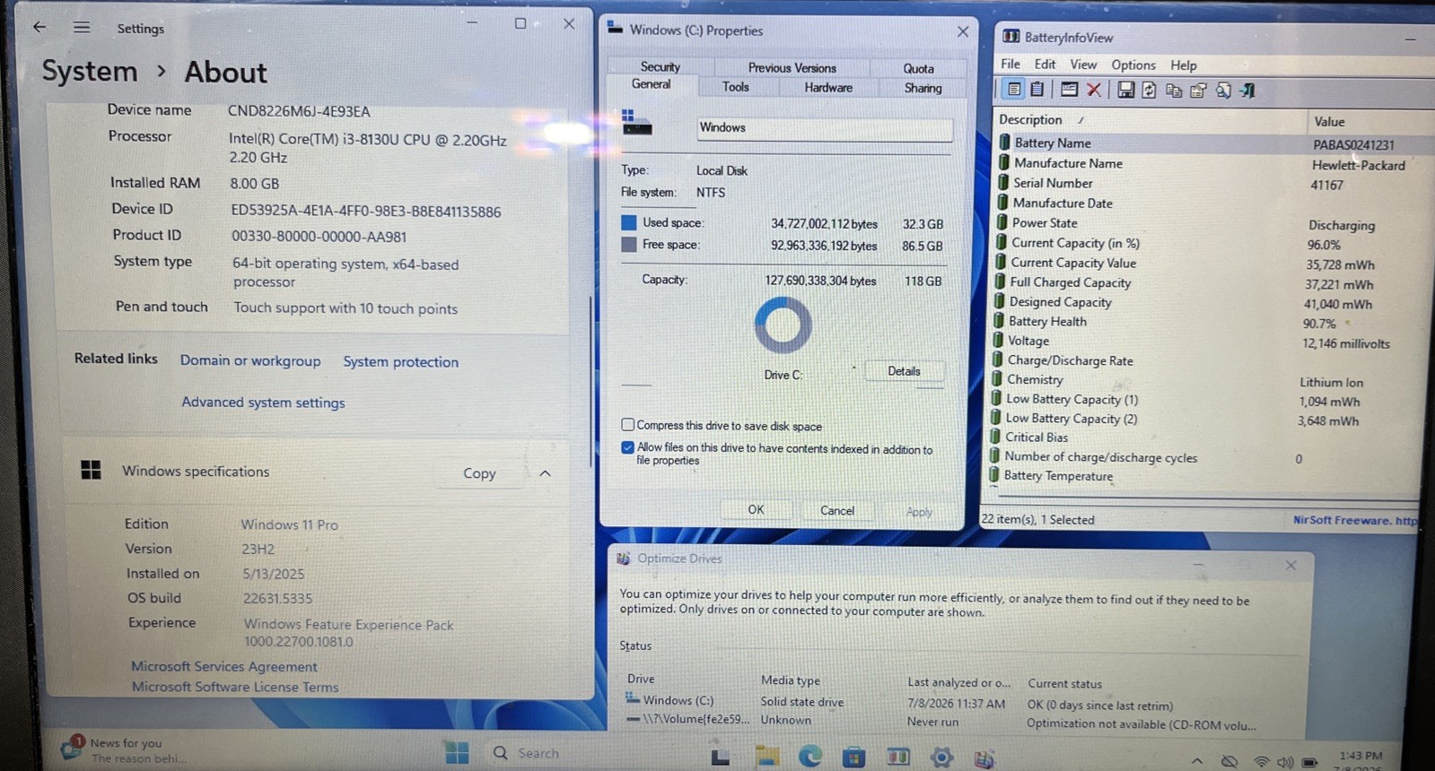 HP Notebook 15-da0012dx, Intel i3-8130U, 8GB RAM, 128GB SSD, W11P*READ*