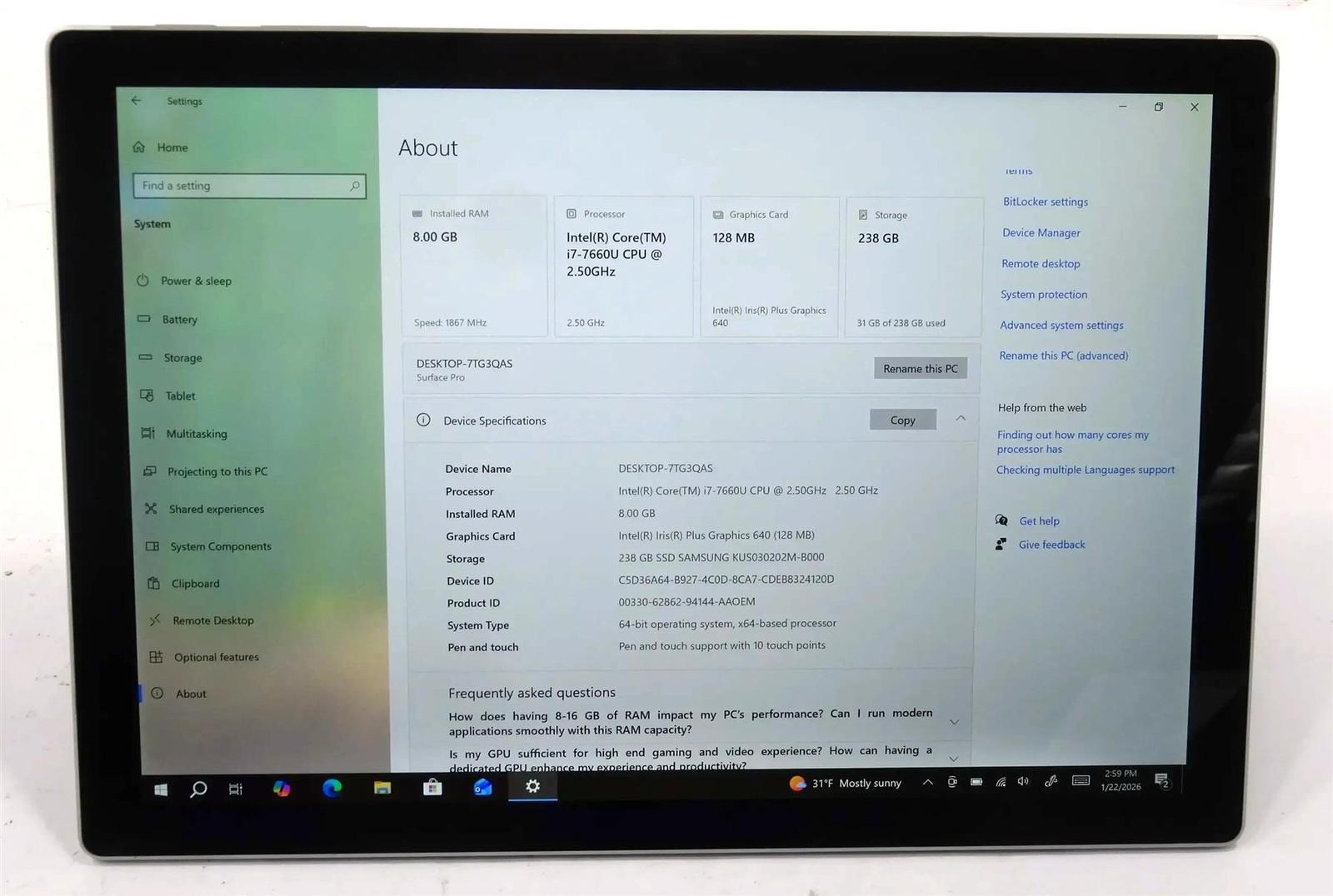 Microsoft Surface Pro 5 1796 Core i7-7660U 2.50GHz 8GB 256GB