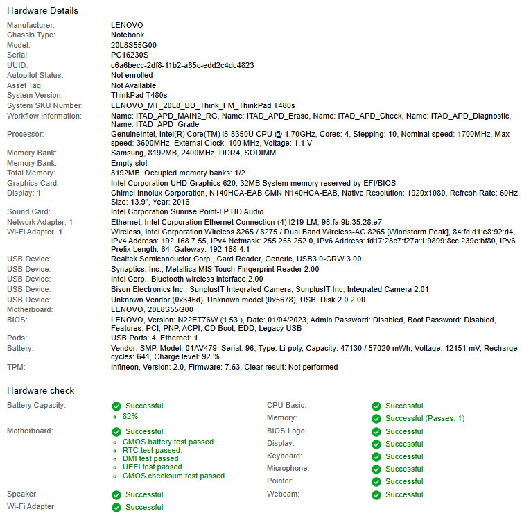 Lenovo ThinkPad T480s, i5-8350U CPU, @ 1.70GHz, 8GB RAM-No HDD/OS/Charger