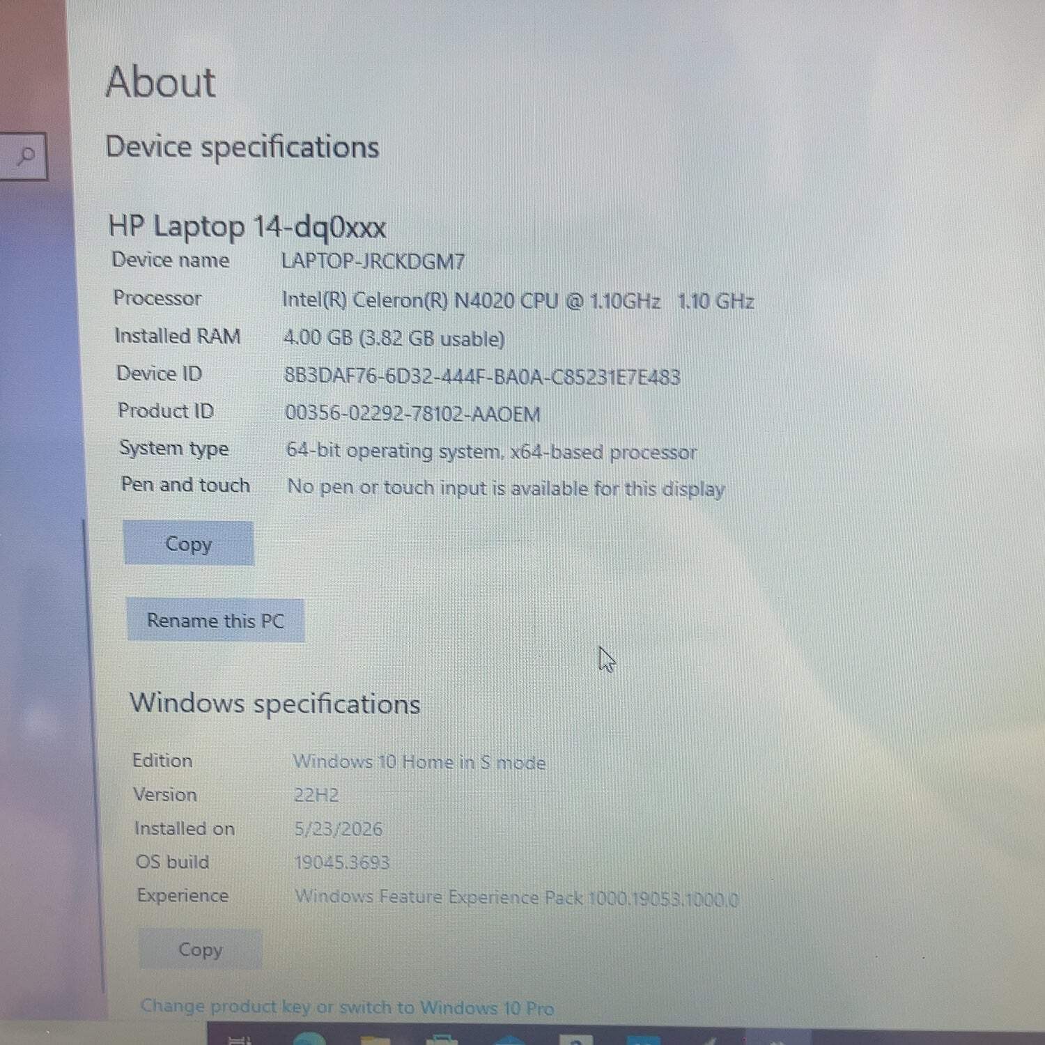 HP 14-DQ0001DX Celeron N4020 4GB RAM 64GB